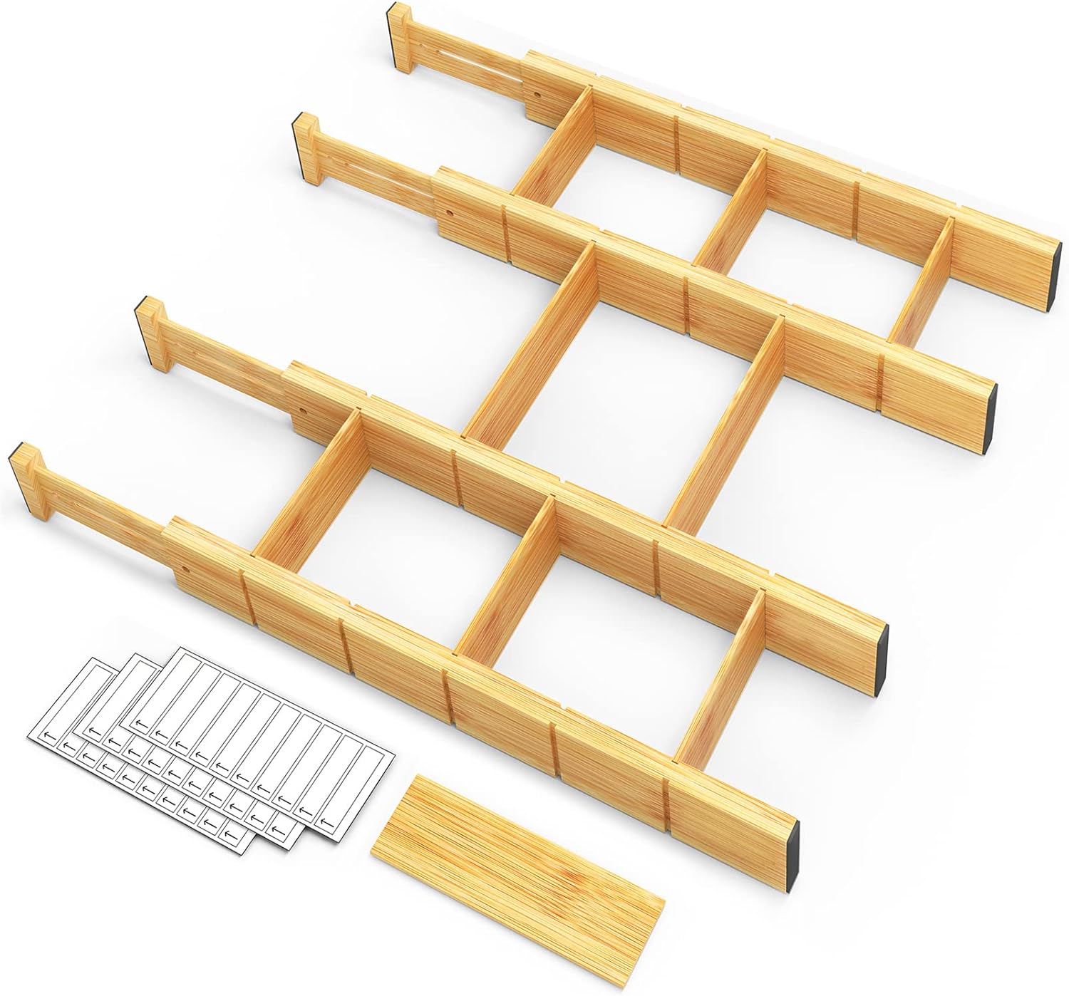 SpaceAid Bamboo Drawer Dividers with Inserts and Labels, Kitchen Adjustable Drawer Organizers, Expandable Organization for Home, Office, Dressers, 4 Dividers with 9 Inserts (17
