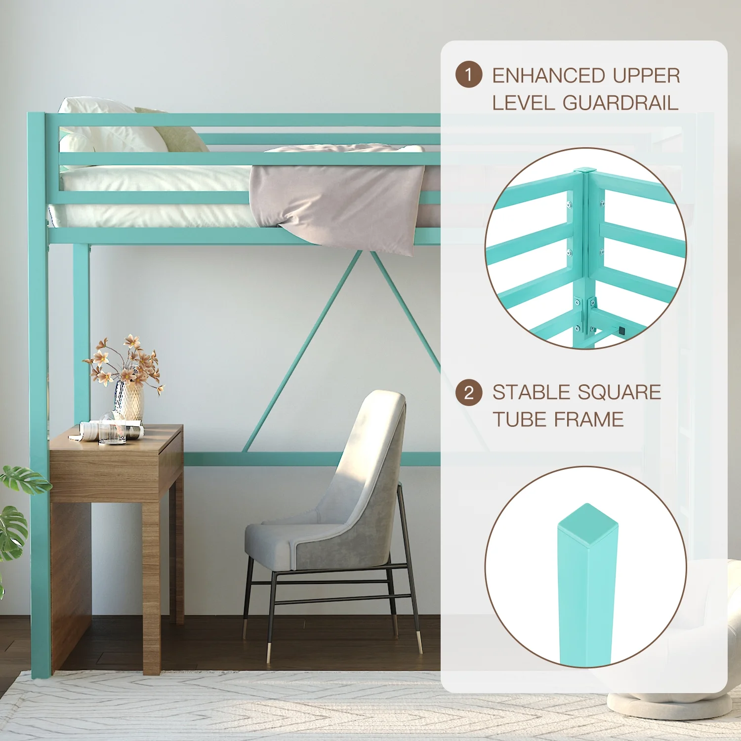 Einfach Metal Twin Size Loft Bed with Removable Ladder & Full-Length Guardrail, White - Image 24