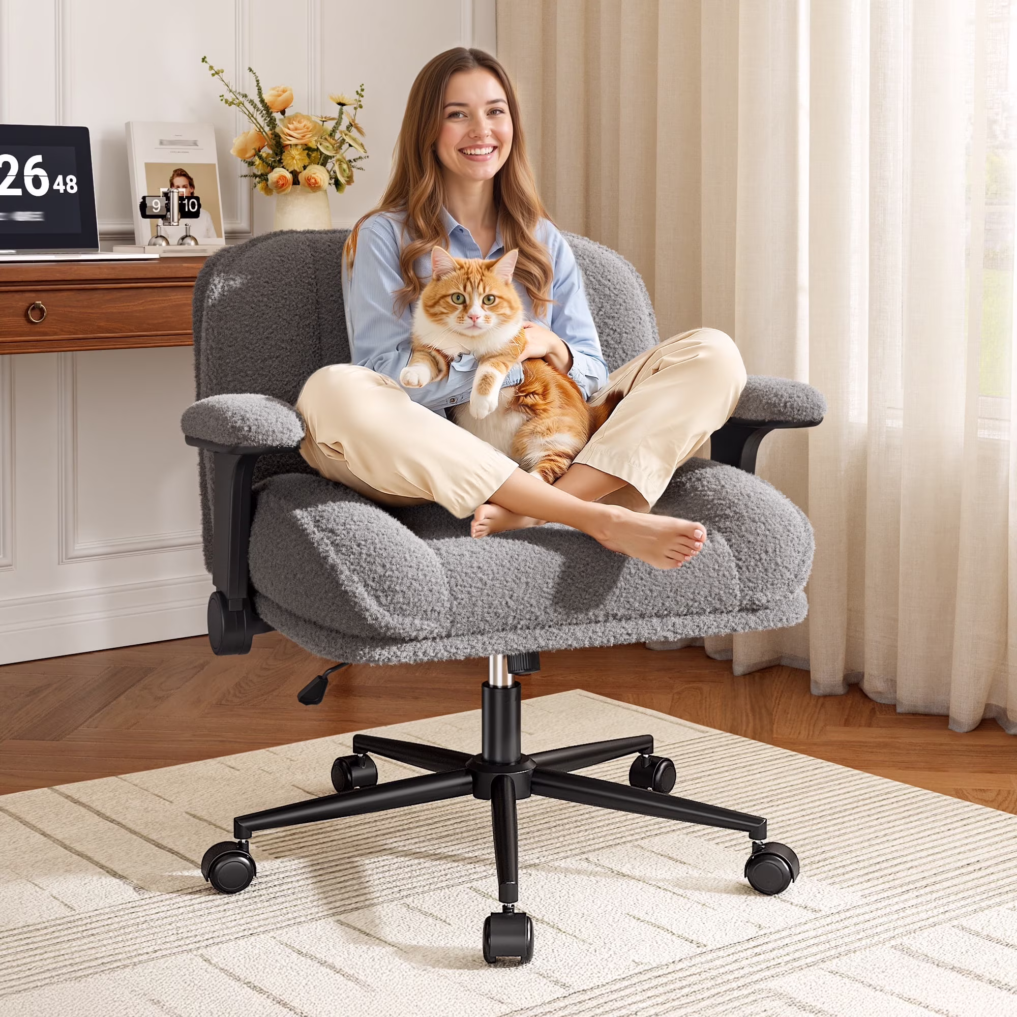 Romorgniz Criss Cross Chair with Adjustable Arms & Lumbar Support Office Chair with Reclining Back, Thick Cushion & Wheels for Office, Gaming, Reading, Vanity, Off-White