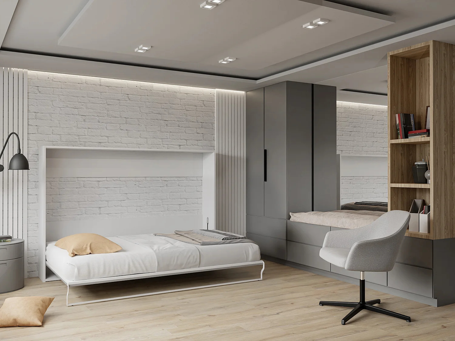 Cama abatible 140 x 200 cm - Apertura horizontal manual - Blanco y gris + colchón - MALINA II
