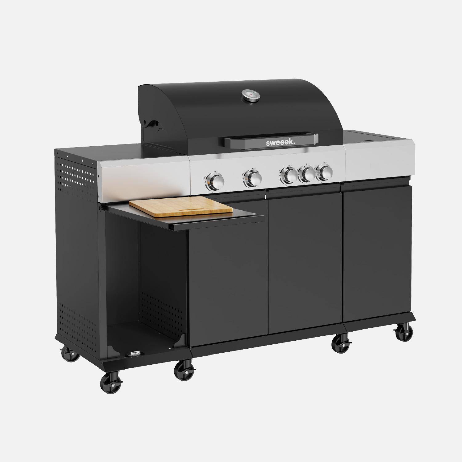 Maxim con funda - Barbacoa de gas con 4 quemadores, 1 fuego lateral, cocina exterior con estantes, termómetro y funda