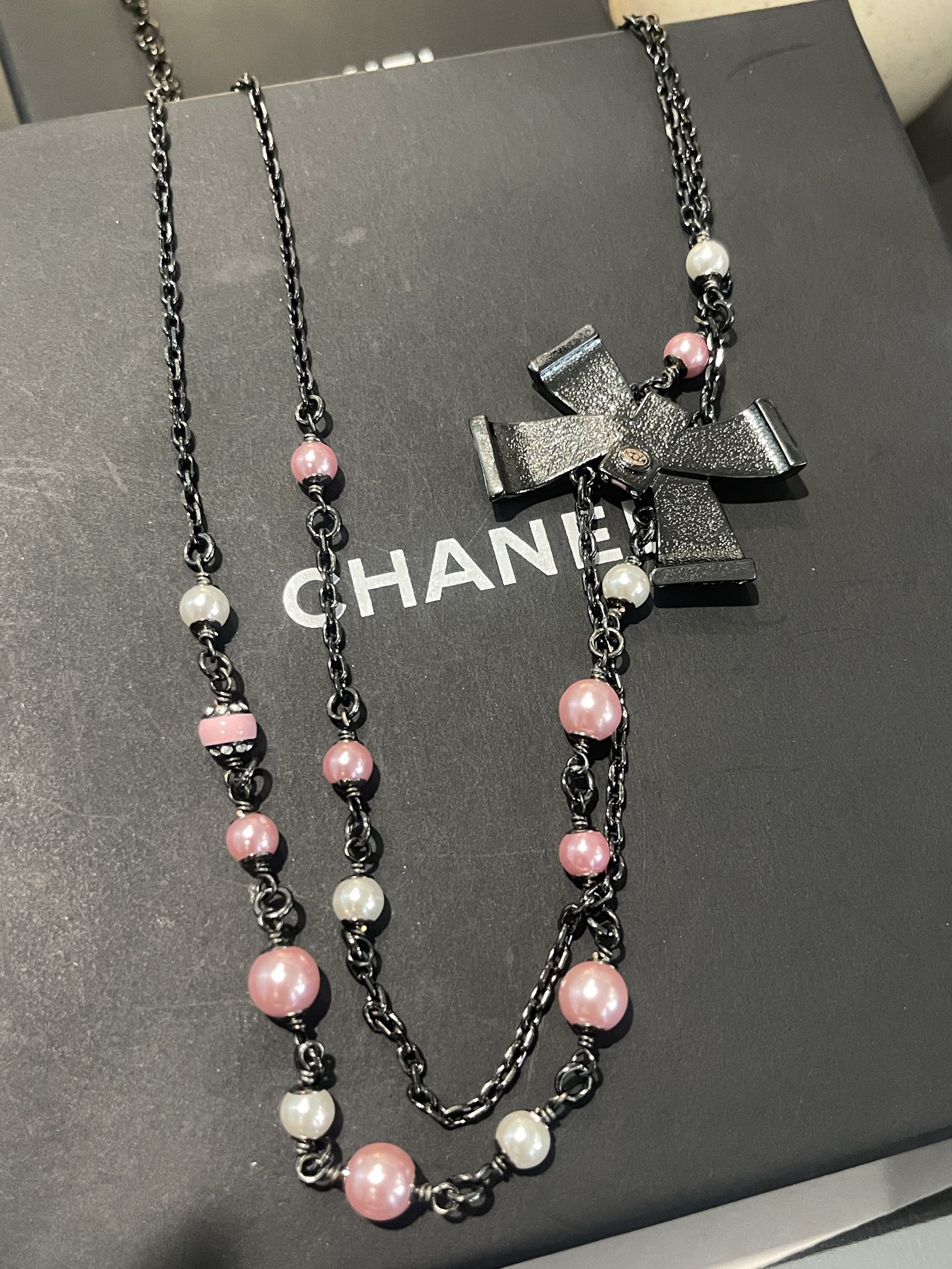 Chanel Two Layers Pink Bow Pearl Necklace - Original Replica Club