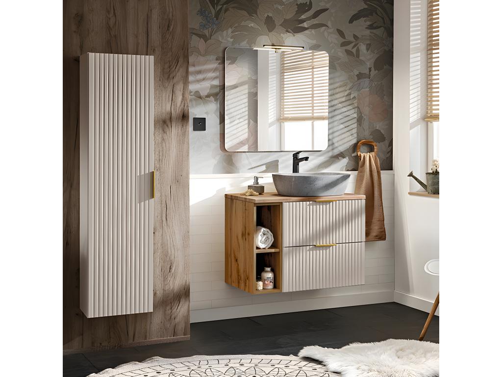 Conjunto de muebles con lavabo individual 80cm 2 compartimientos y columna Adriel Cachemira Madera y imitación Piedra