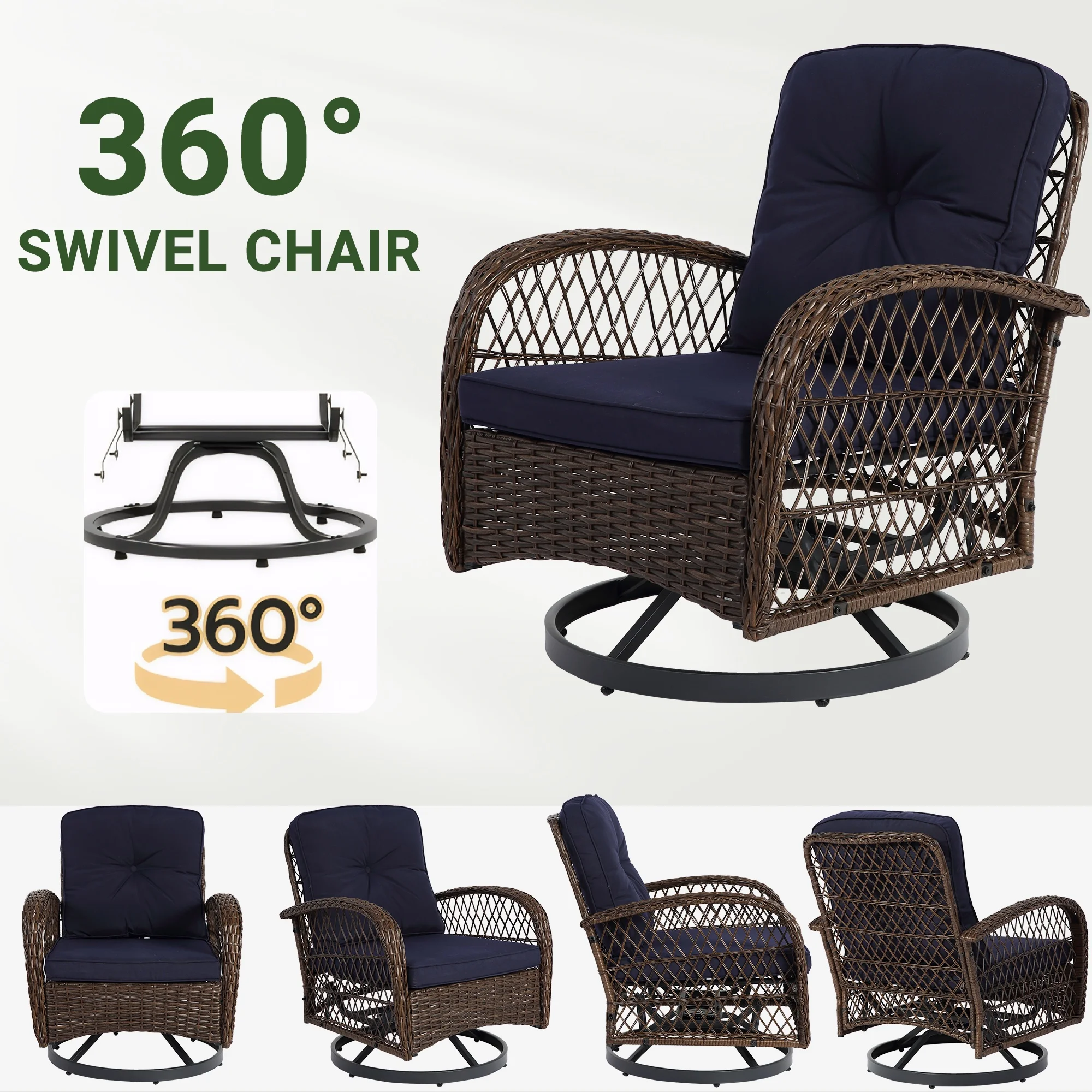3 Piece Patio Swivel Rocker Chairs Set, 2 360-Degree Swivel Rocking Chairs with 1 Glass Top Table, PE Rattan Outdoor Bistro Set with Cushions for Balcony Deck Poolside Backyard Porch - Image 13