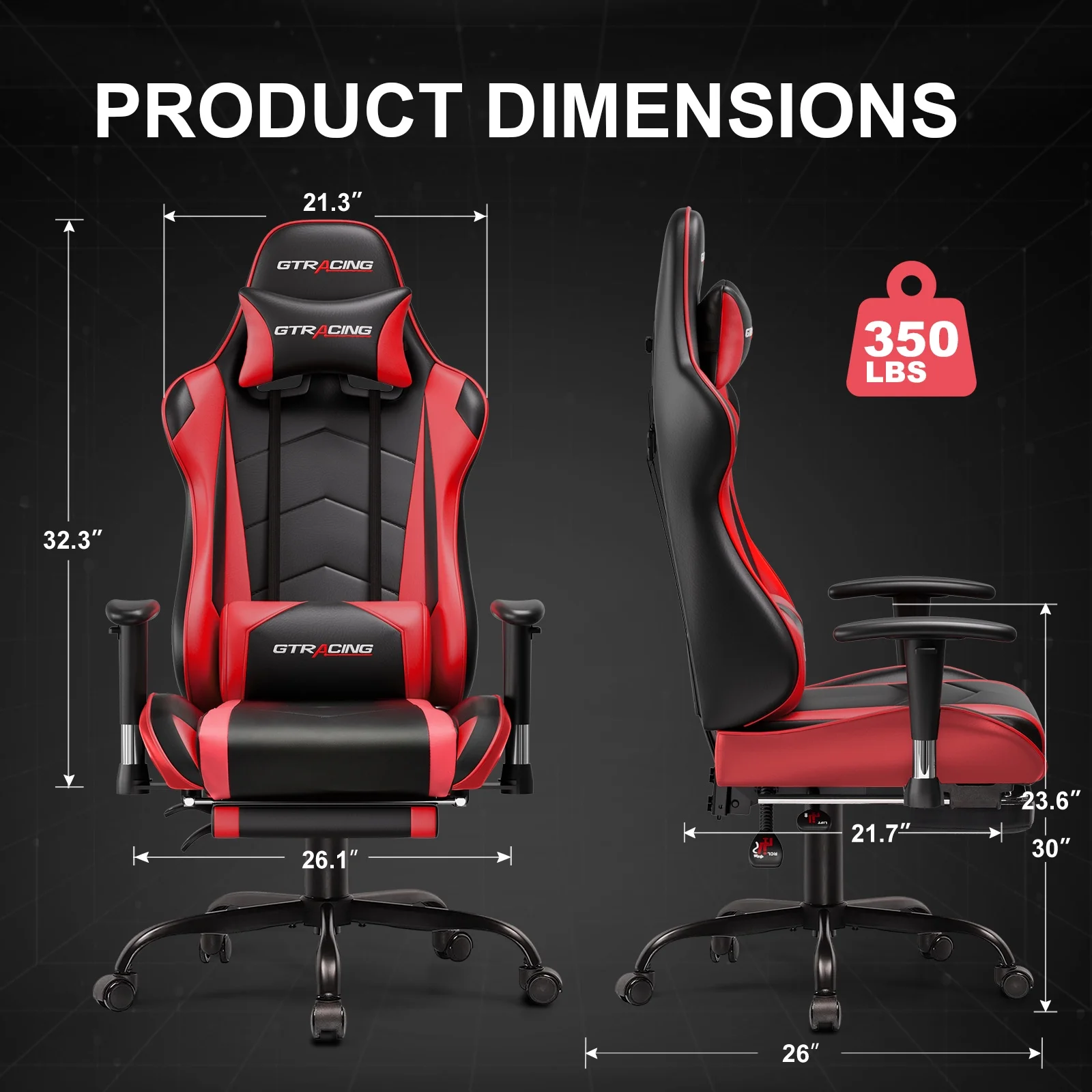 GTRACING Gaming Chair, Ergonomic Office Desk Chair with Lumbar Support, PU Leather, Footrest & Adjustable Headrest, Red - Image 4