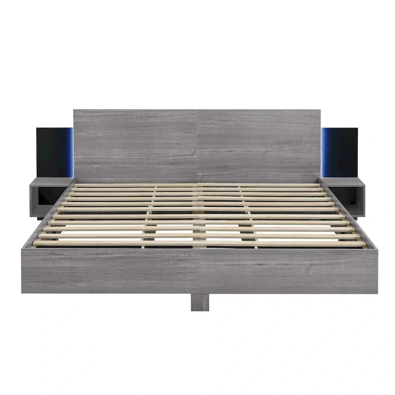Modern King Size Wooden Floating Bed Frame with Nightstand and LED - Slatted Support Design