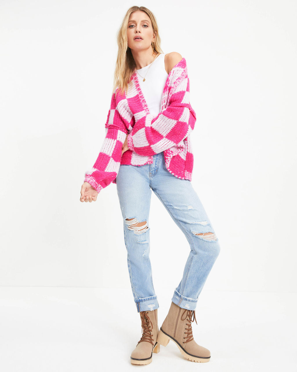 Checking All The Boxes Knit Cardigan - Fuchsia - Se7enfashion
