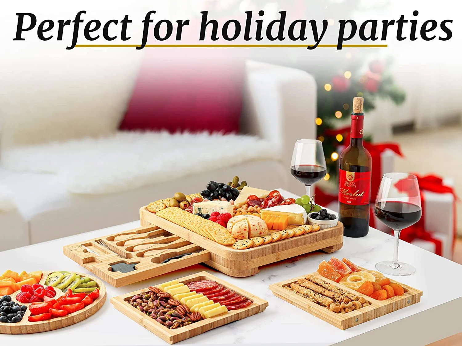 Zulay Kitchen Bamboo Cheese Board Set Extra Thick Charcuterie Board 15 Piece - Deluxe Set - Image 5