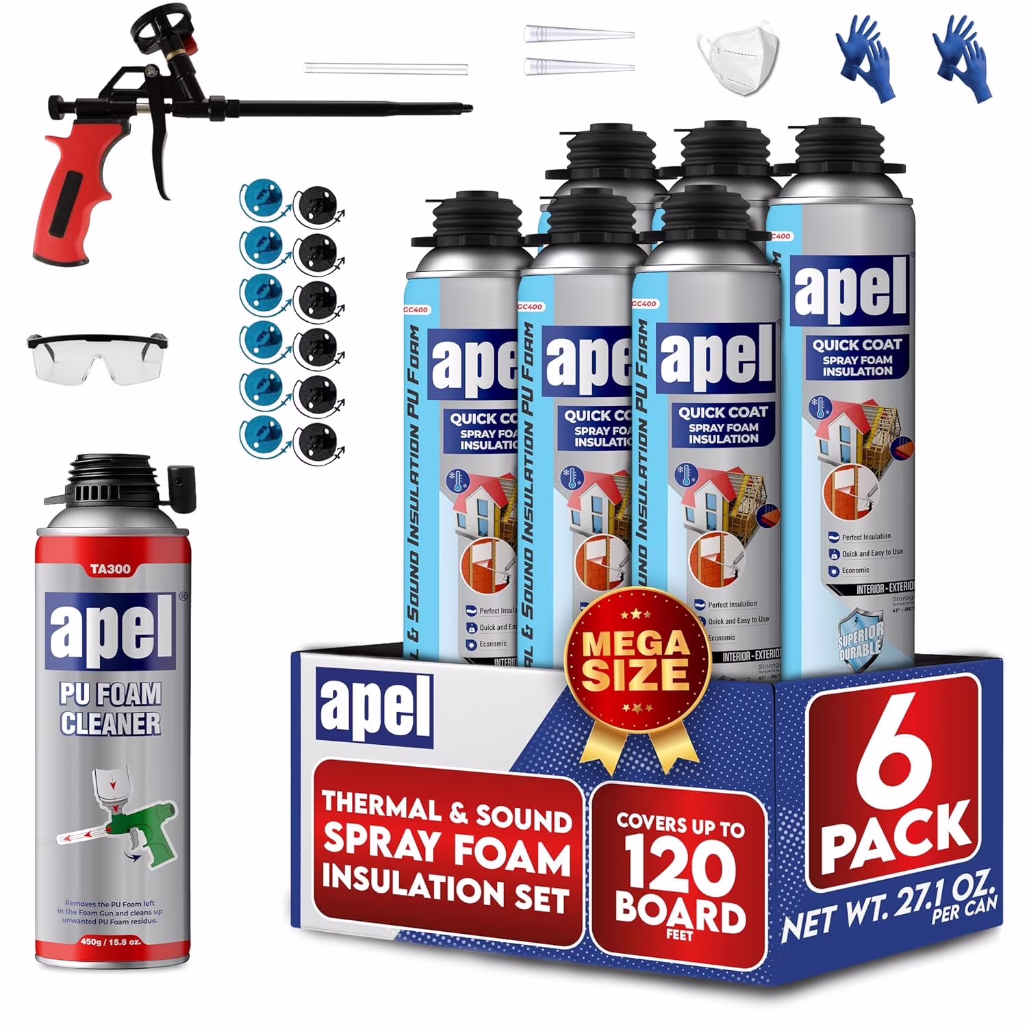 apel Spray Foam Insulation Kit (12 x 32.80 oz./240 Bd ft) Heat and Acoustic Insulation, Self Expanding Polyurethane Foam, Application Gun and Cleaner Included - 12 Pack
