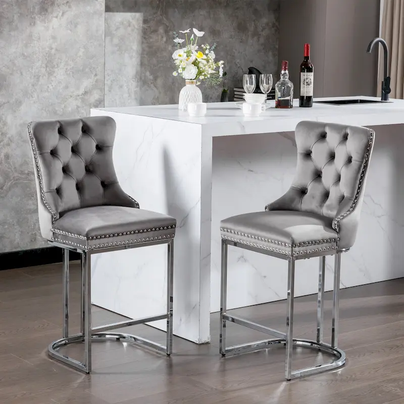 Contemporary Set of 2 Bar Stools with Button-Tufted Back and Studded Trim, Chrome Metal Base - Ideal for Dining Room, Living Room, and Bedroom