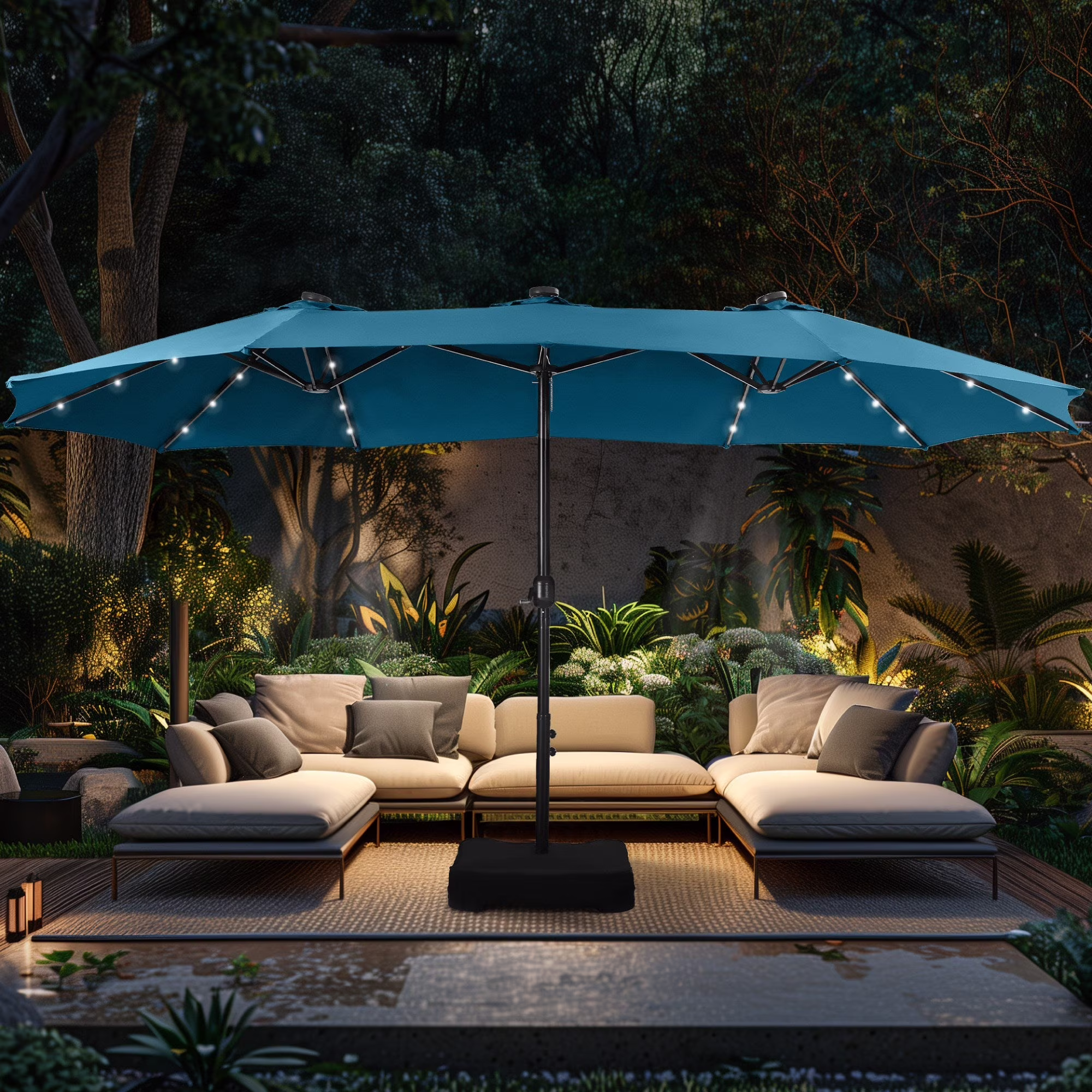 Alpha Joy 15ft Extra Large Outdoor Patio Double-Sided Umbrella with LED Solar Lights & Umbrella Base, Beige - Image 13