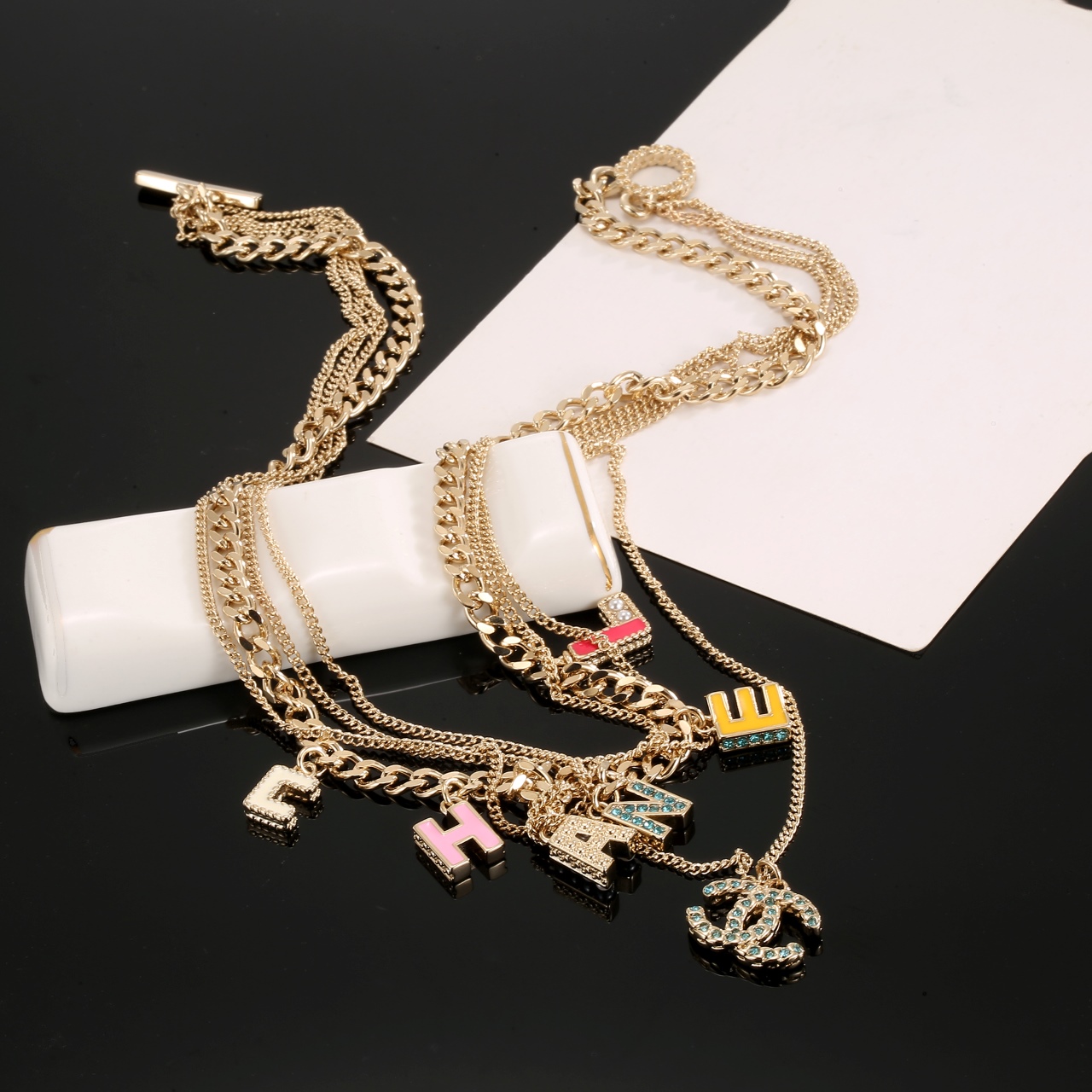 Chanel Multi Layered Light Gold Color Monogram Charms Necklace - Original Replica Club