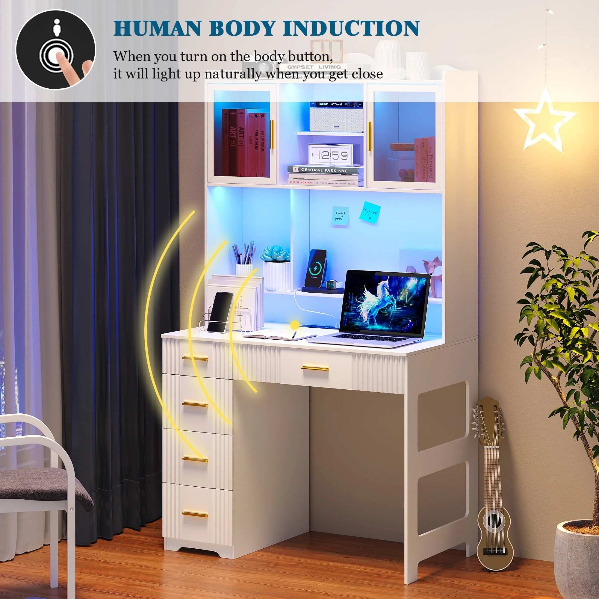HNEBC LED Study Desk with Hutch and Drawer, Home Office Desk with Outlet, Computer Desk with Charging Station, Writing Desk for Bedroom, Workstation for Small Space - Image 6