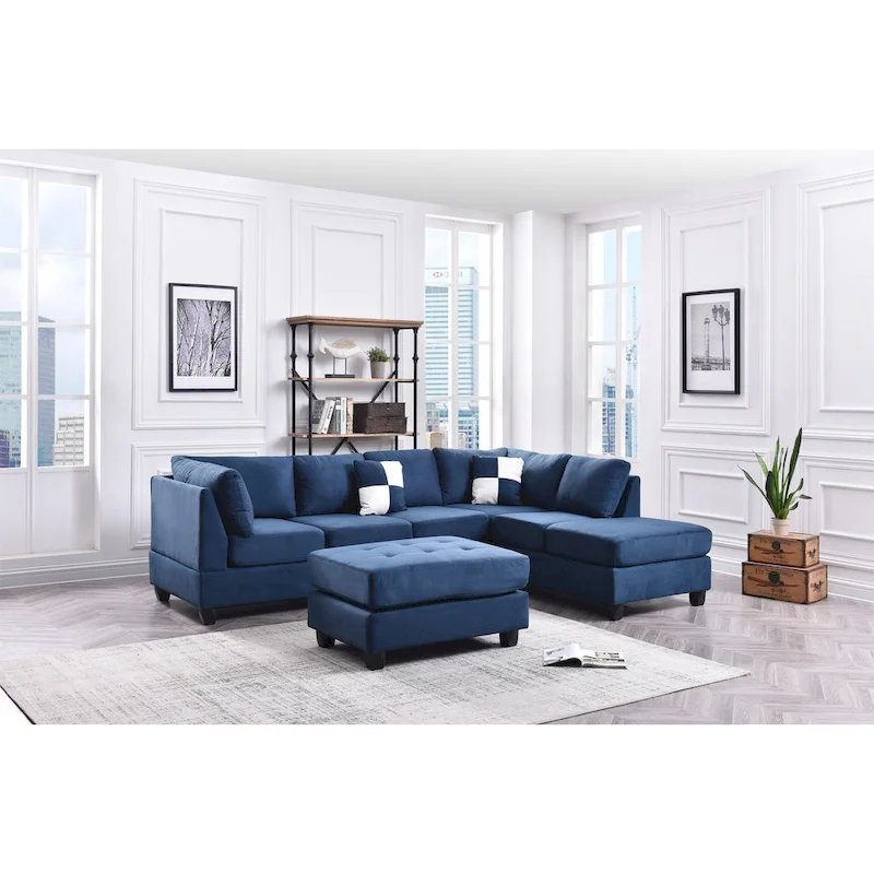 Malone 111-Inch Suede 4-Seater Sectional Sofa with Two Throw Pillows - Dimensions: 111L x 78W x 34H