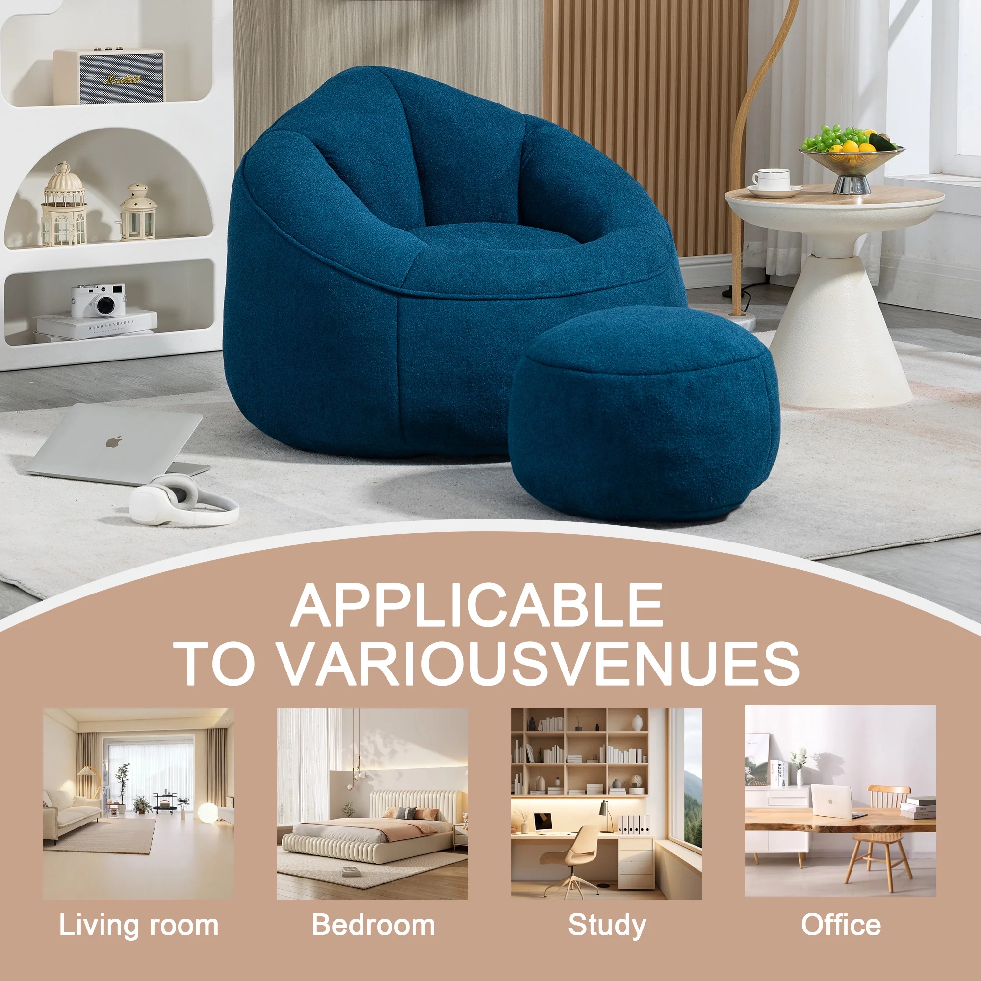 MOONMISS Microfiber Upholstered High Pressure Foam Round Lazy Bean Bag Sofa Chair with Ottoman-Gray - Image 37