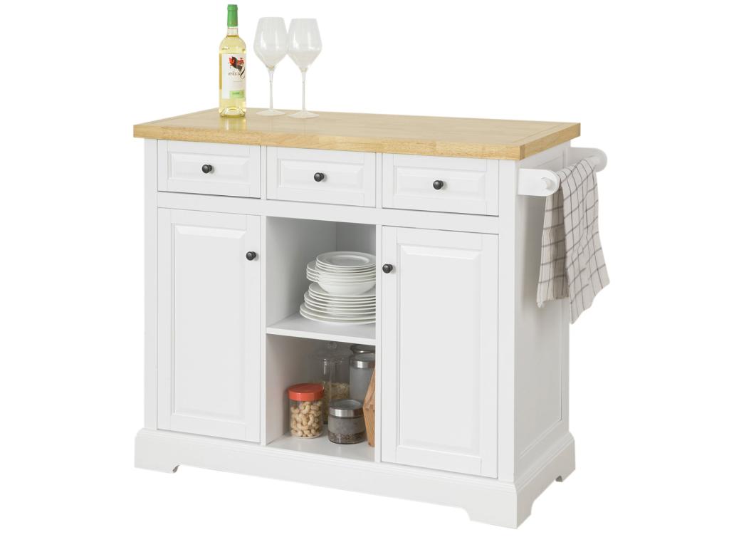 Carrito de Cocina con 3 cajones y 2 Puertas Madera de Caucho con Tablero 115 x 46 x 90 cm FKW101-WN Hogarmagic  ES