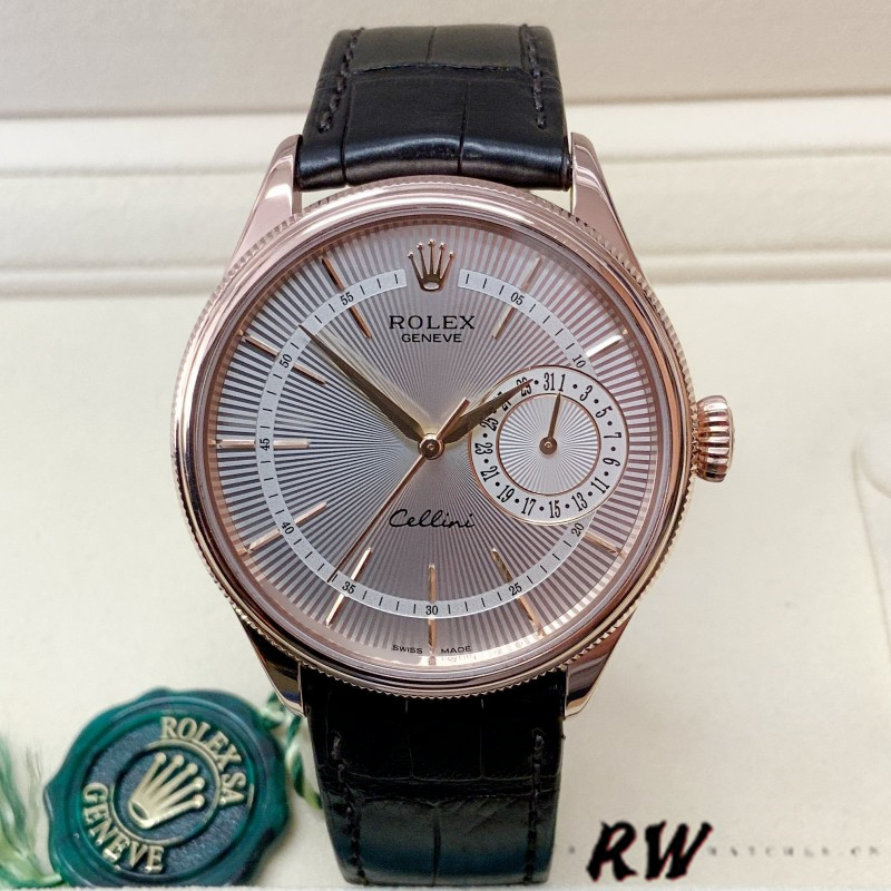 Rolex Cellini Date 50515 Rose Gold Silver Guilloche Index Dial 39mm Mens Replica Watch
