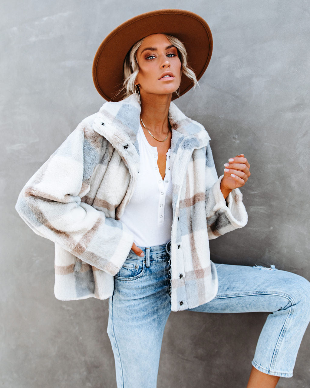 Winter's Tale Pocketed Plaid Faux Fur Jacket - Se7enfashion