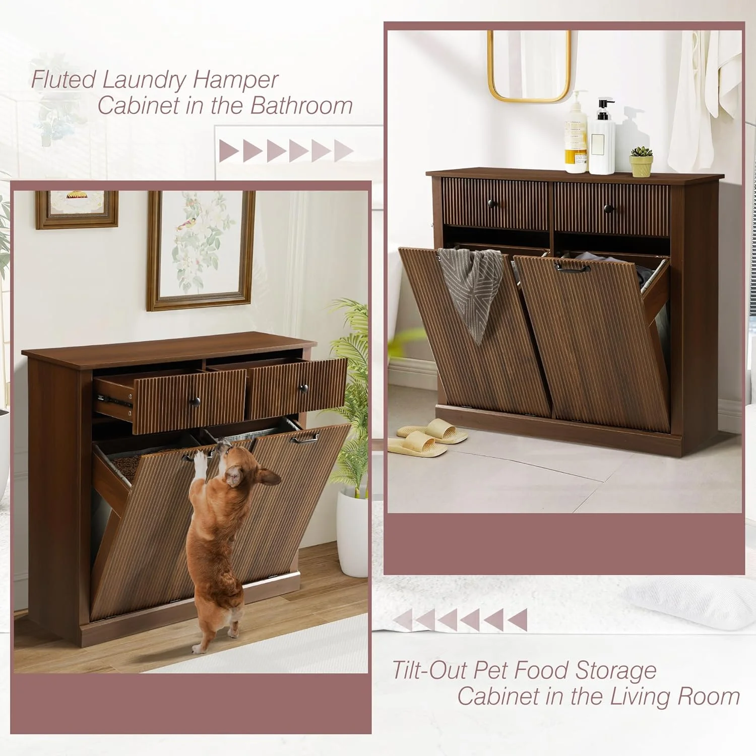 Haverchair Double Tilt Out Laundry Hamper Cabinet, Modern Fluted Trash Can Cabinets with Drawer, Wooden Hidden Garbage Cabinet for Kitchen and Bathroom - Image 11