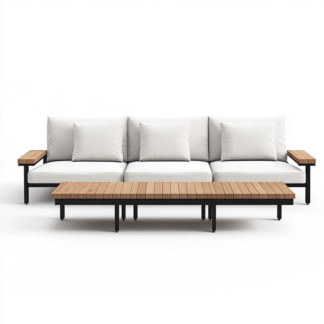 Sofá de Exterior Moderno 3 Plazas con Cojines Tela Marco Metal Madera Blanco/Juego de Terraza
