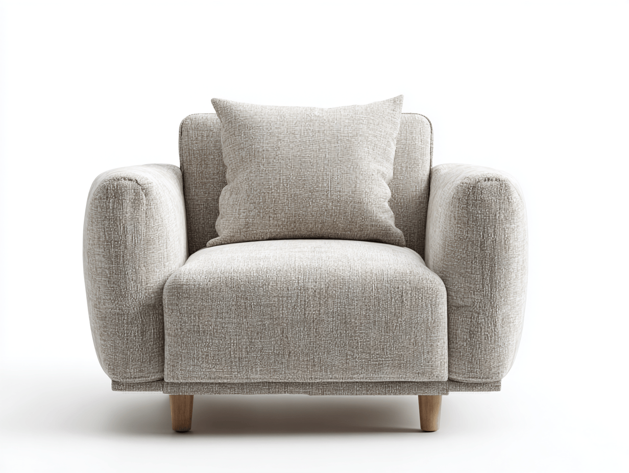 Sillón individual tapizado en tela gris claro 82×85×90 cm – patas de madera tallada – estilo clásico