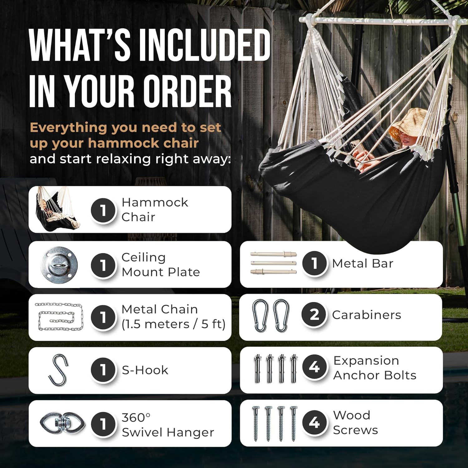 Hanging Hammock Chair Swing Outdoor Indoor Hammock Swing Chair with Hardware Kit Durable Full Body Support Holds 200 Lbs
