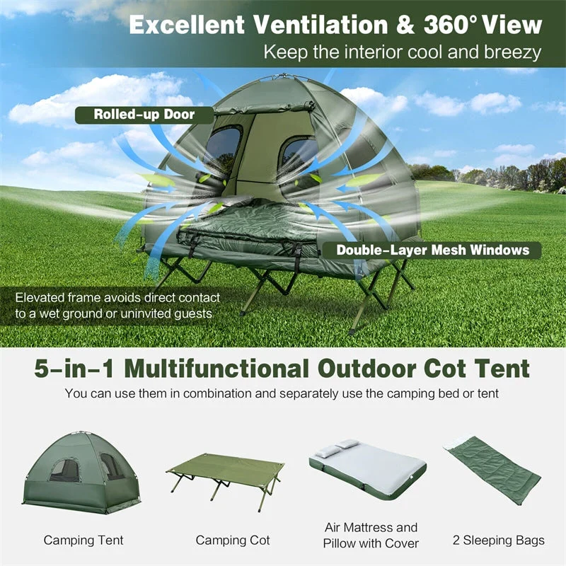 5-in-1 2-Person Portable Camping Tent Cot With Air Mattress, Sleeping Bags And Sunshade - Green & Blue - Image 9 5-in-1 2-Person Portable Camping Tent Cot With Air Mattress, Sleeping Bags And Sunshade - Green & Blue - Image 9