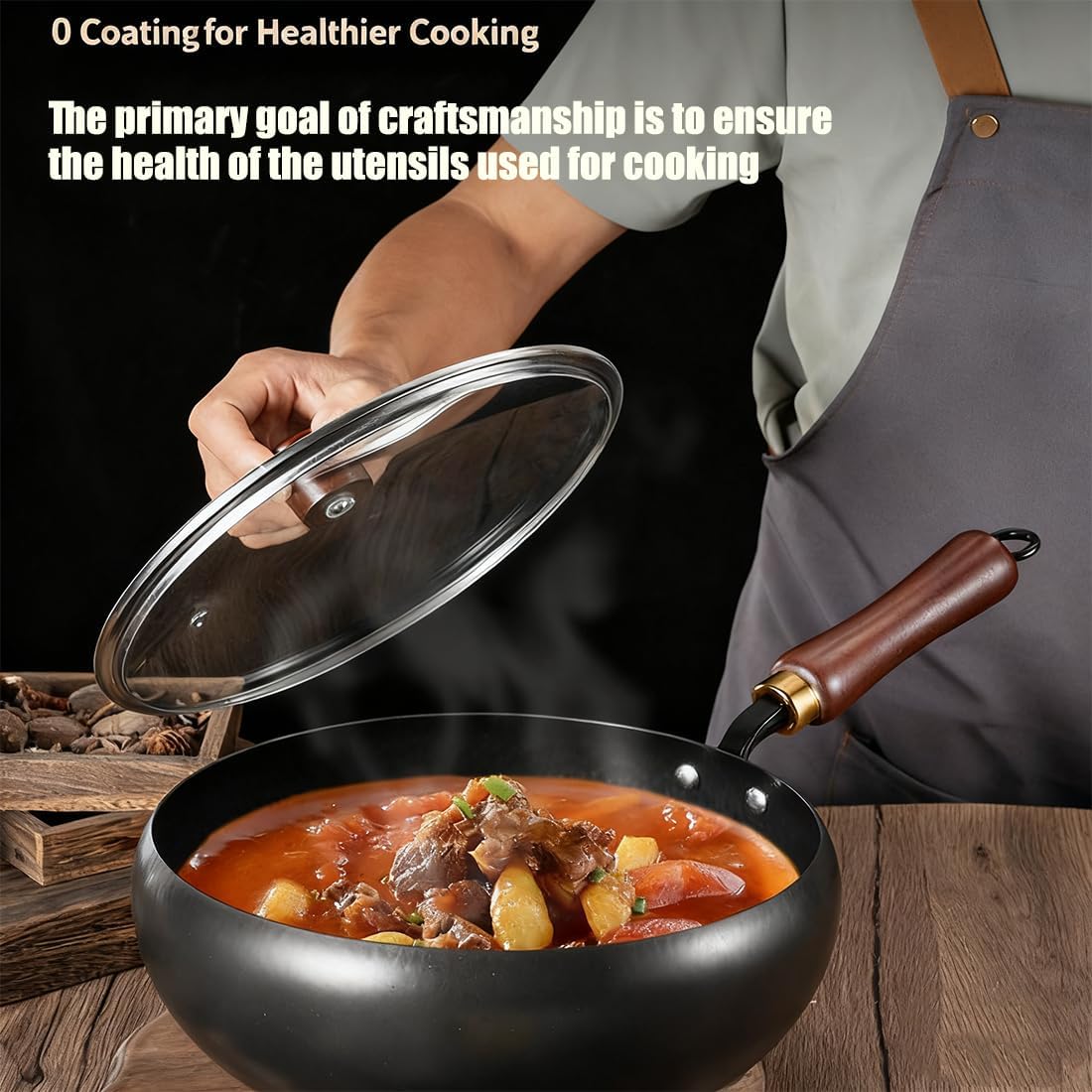 Carbon Steel Wok Pan, Japanese Jinswhdre Cast Iron Pan, Large Capacity Spill Hand-Forged Non-Stick Pans Without Coating for Gas Stove & Cooking (9.4in,With lid)
