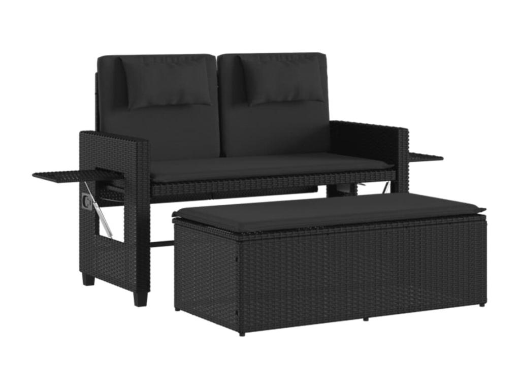 Sillón reclinable de jardín con cojines ratán sintético negro