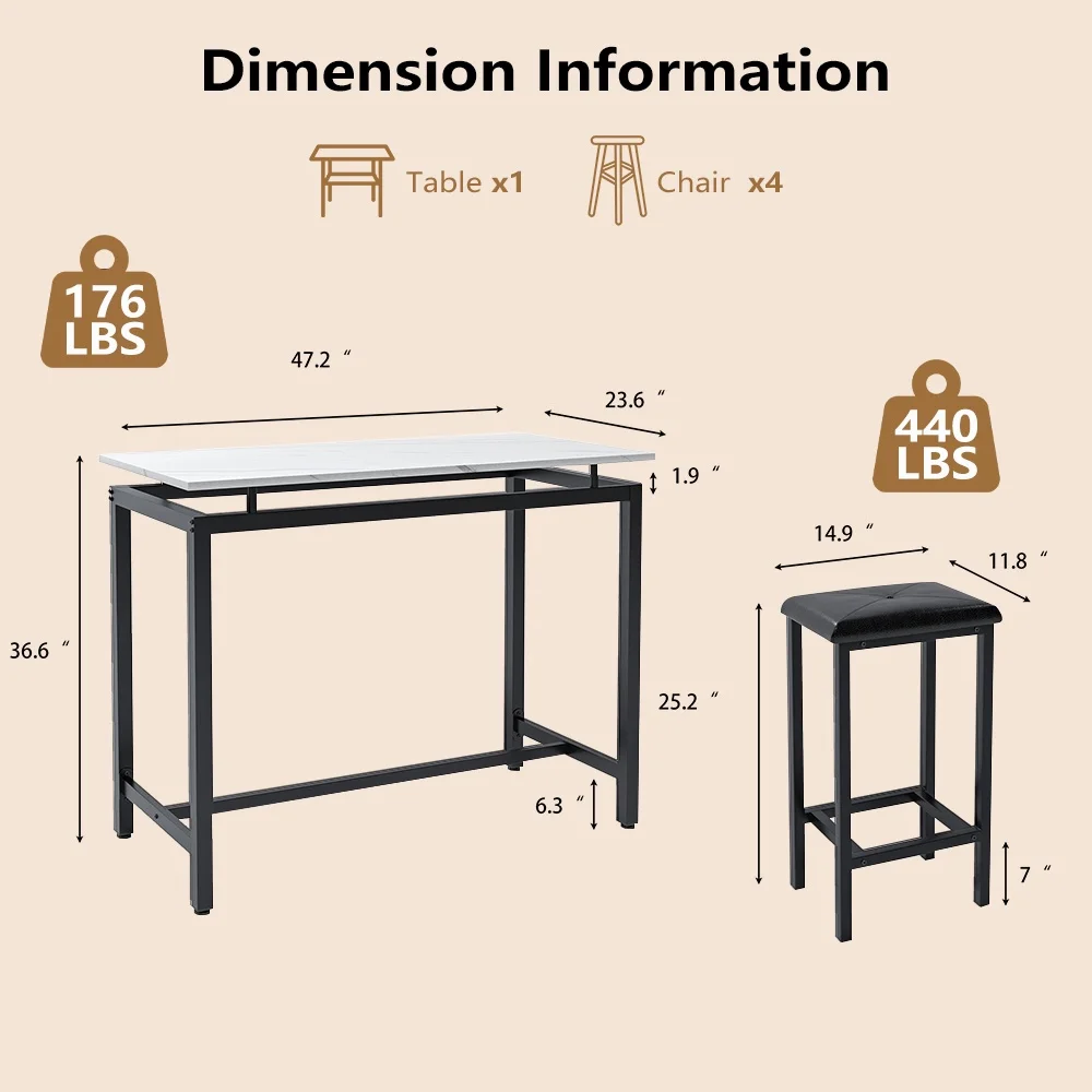 Counter Height Table Set of 5, Breakfast Bar Table and Stool Set, Minimalist Dining Table with Backless Stools, Wood Top Pub Table & Chair Set for Kitchen Apartment Bistro - Space Saving - Image 13