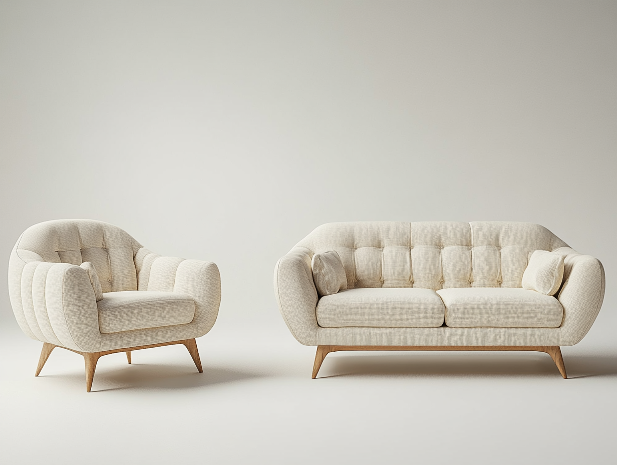 Conjunto moderno de sofá y sillón con tela beige claro y patas de madera – salón