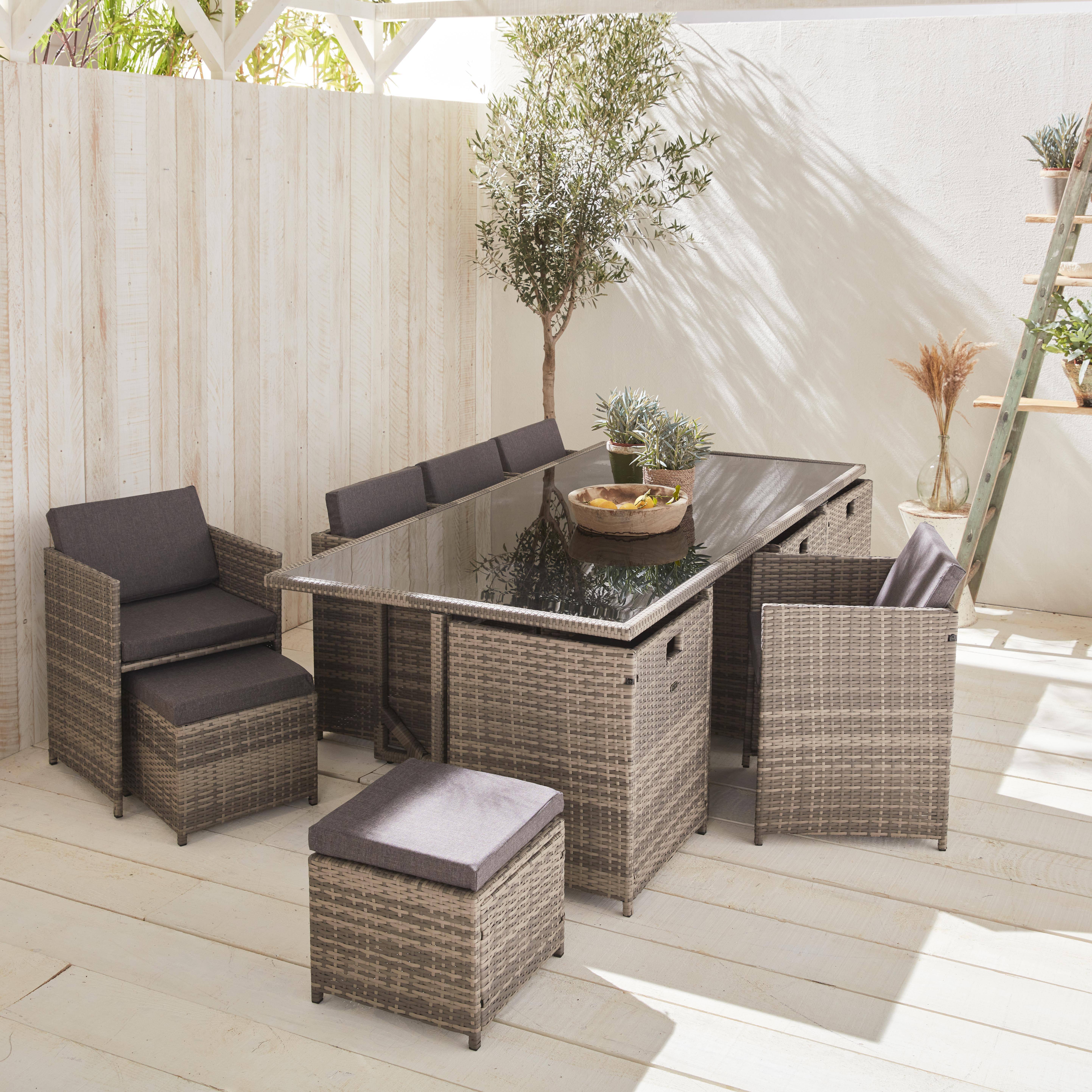 Vabo 12 + funda - Mesa de jardín encastrable de resina trenzada 12 sillones + funda