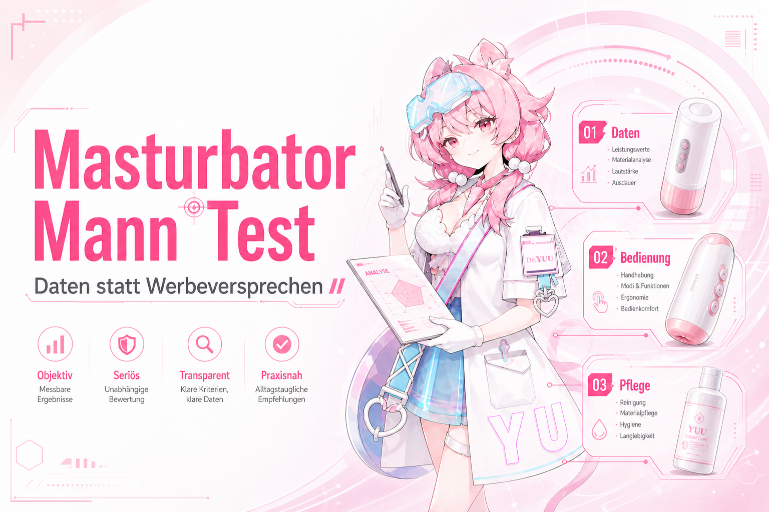 Masturbator Mann Test mit Produktdaten, Funktionssymbolen und Bewertungsbogen