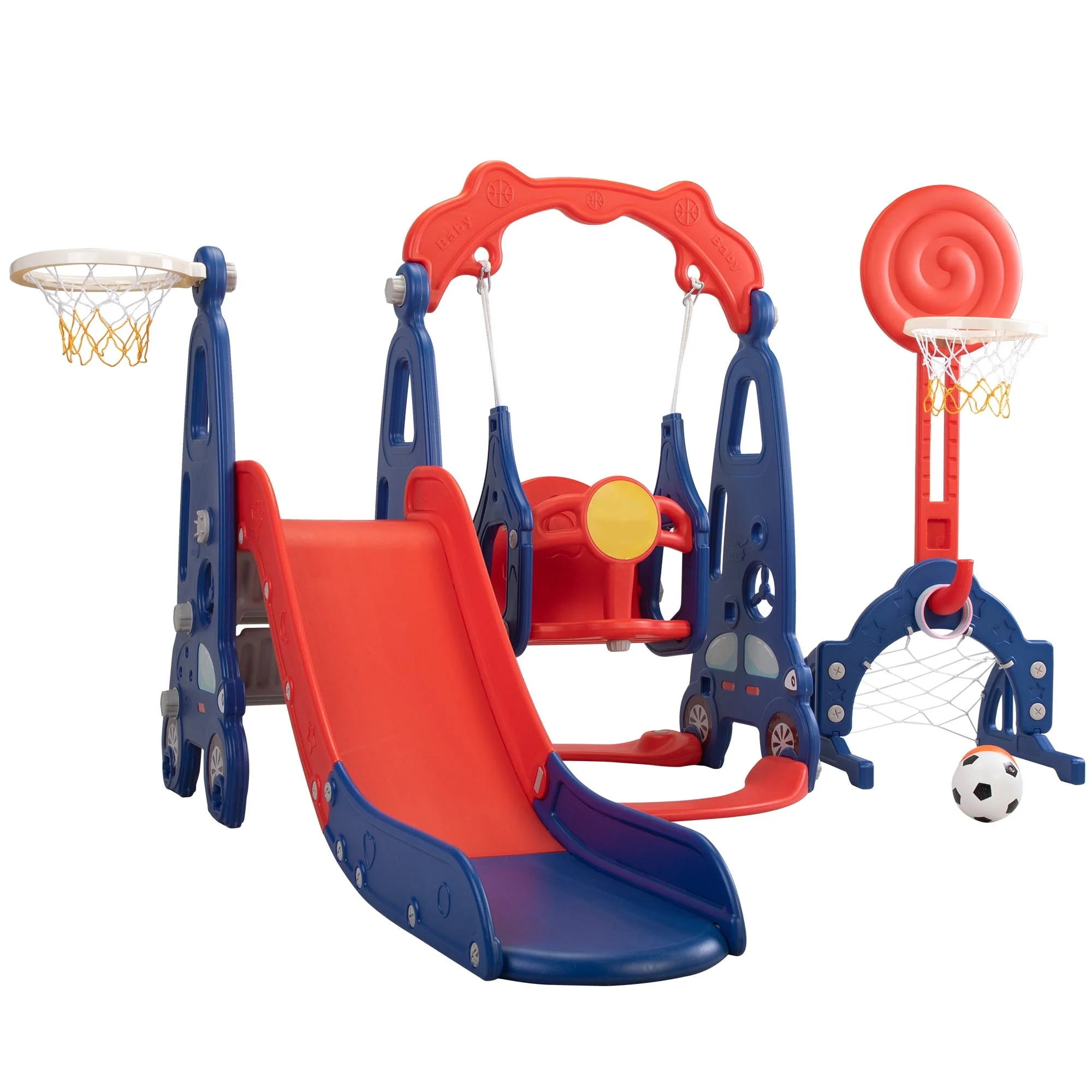 Kids-gift! 5 in 1 Slide and Swing Playing Set, Toddler Extra-Long Slide with 2 Basketball Hoops, Football, Ringtoss, Indoor Outdoor - Image 2
