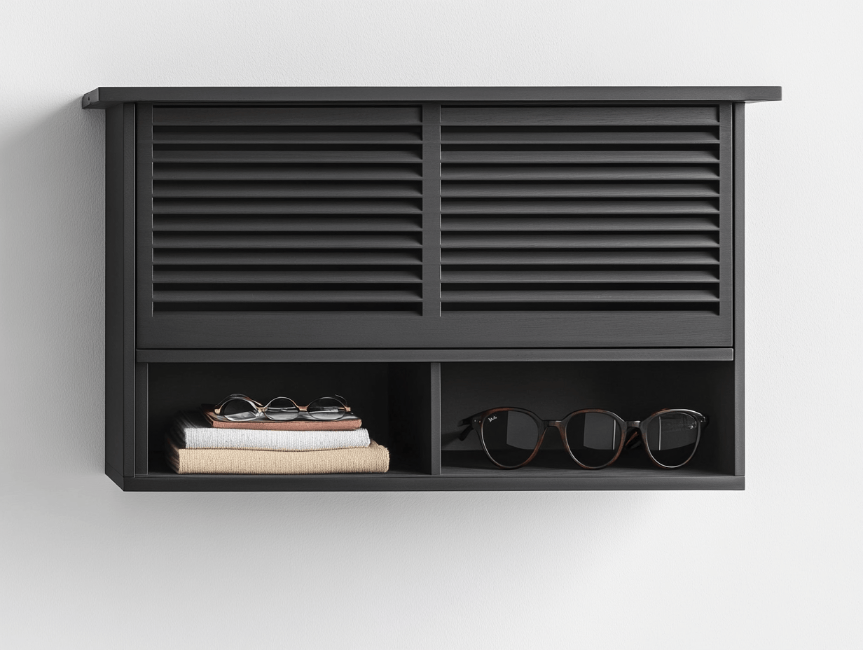 Armario de pared madera negra con puertas correderas de lamas 2 compartimentos abiertos 48x20x30cm