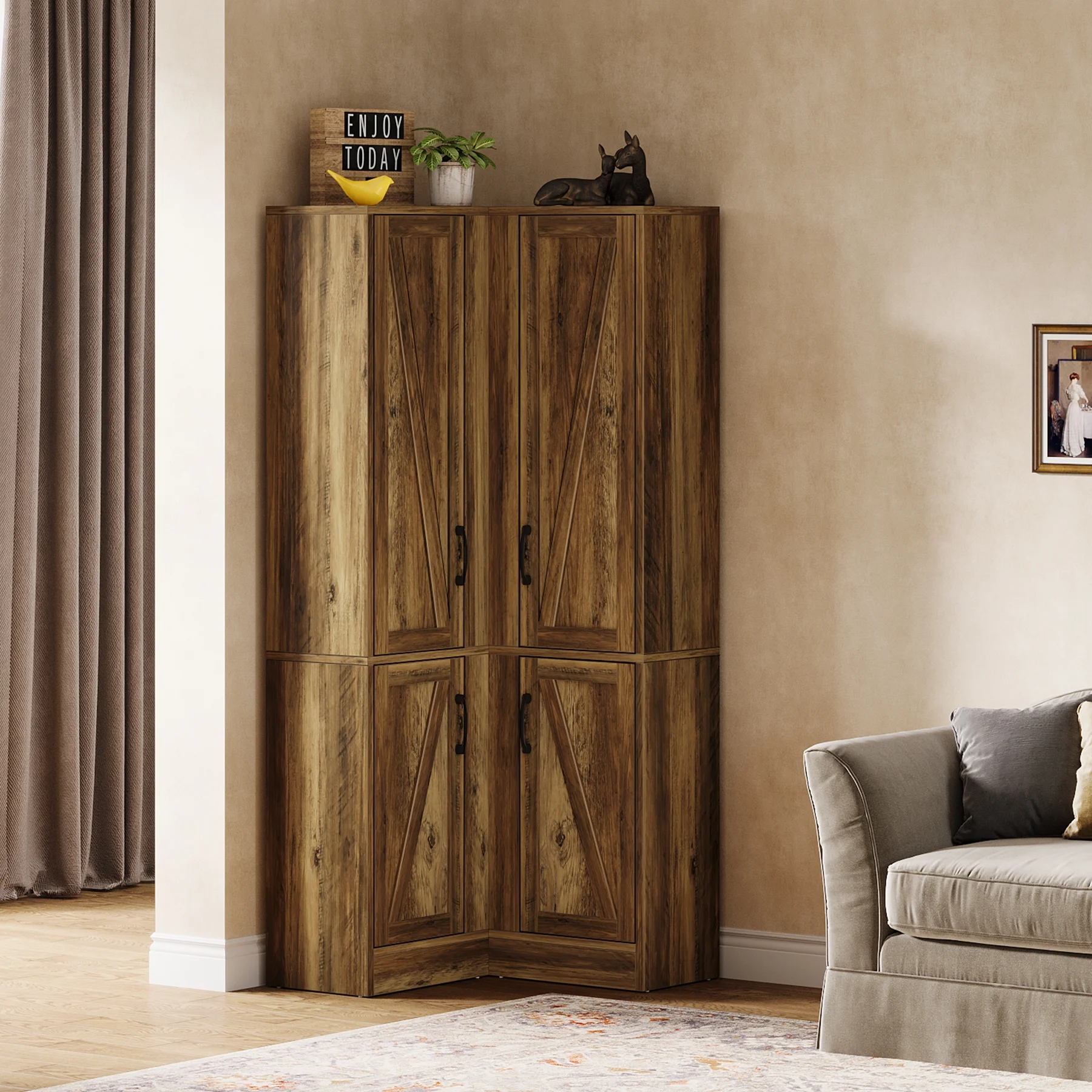 Tribesigns 70.8" Tall Corner Cabinet, Farmhouse Storage Cabinet with 4 Doors & 5 Storage Shelves - Image 9