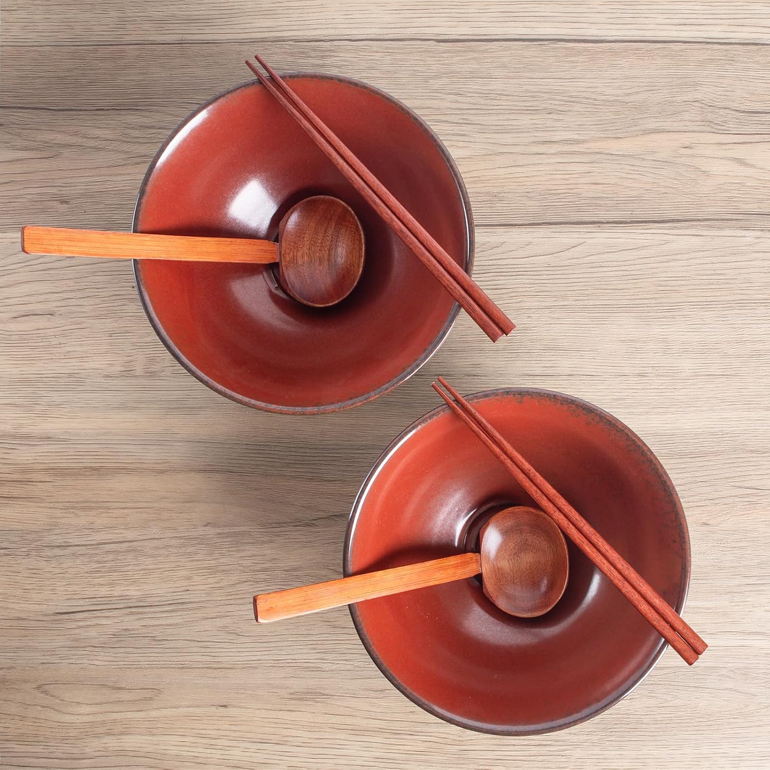 40oz Japanese Ceramic Ramen Bowl Set of 2 with Chopsticks and Spoons for Pho Udon Asian Soup Noodles (Red)