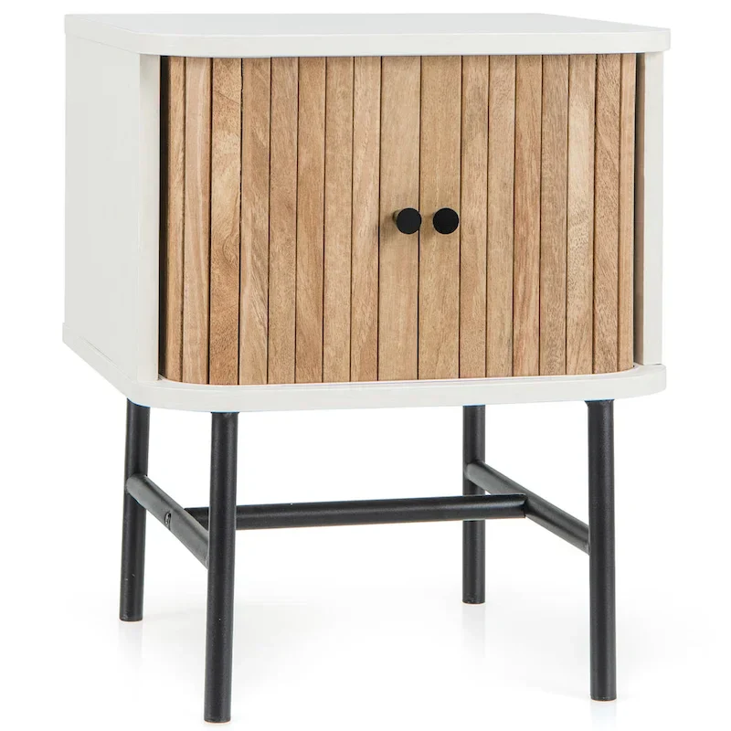 Set of 2 Nightstands with Sliding Doors and Metal Legs