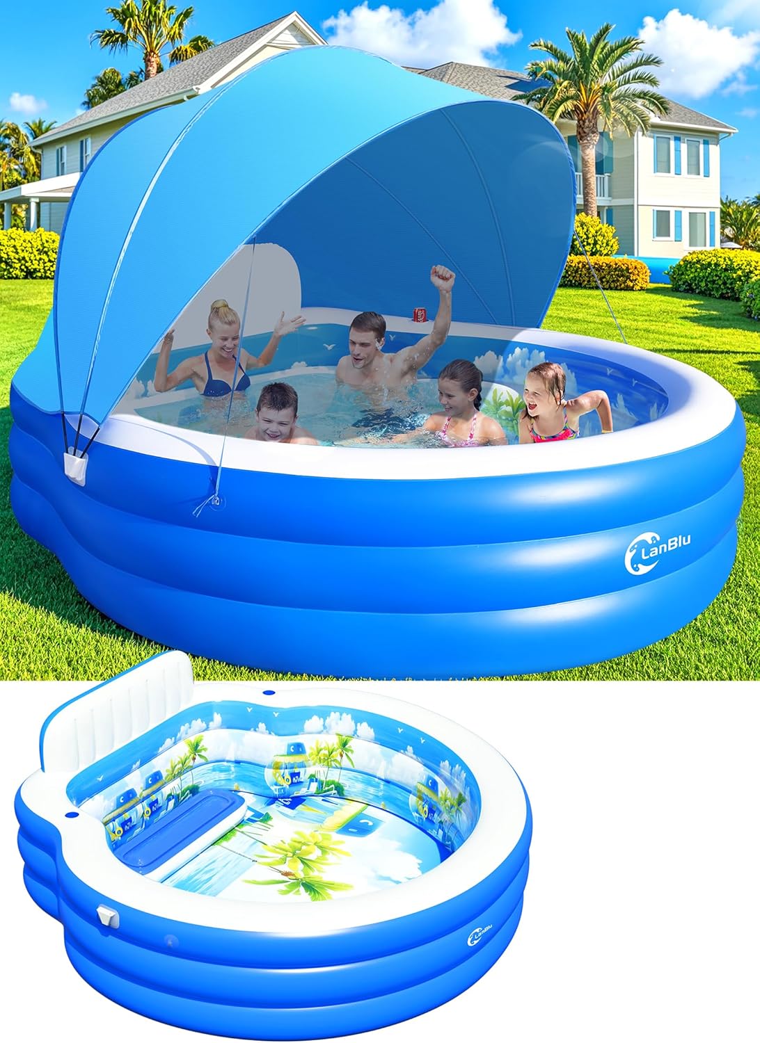 2025 Upgraded Inflatable Pool with Canopy, Inflatable Family Lounge Pool, Round Blow Up Pool for Adult with Bench & Backrest, Swim Center Easy Backyard Pools for Kids & Adults, 92"x92"x26", Blue