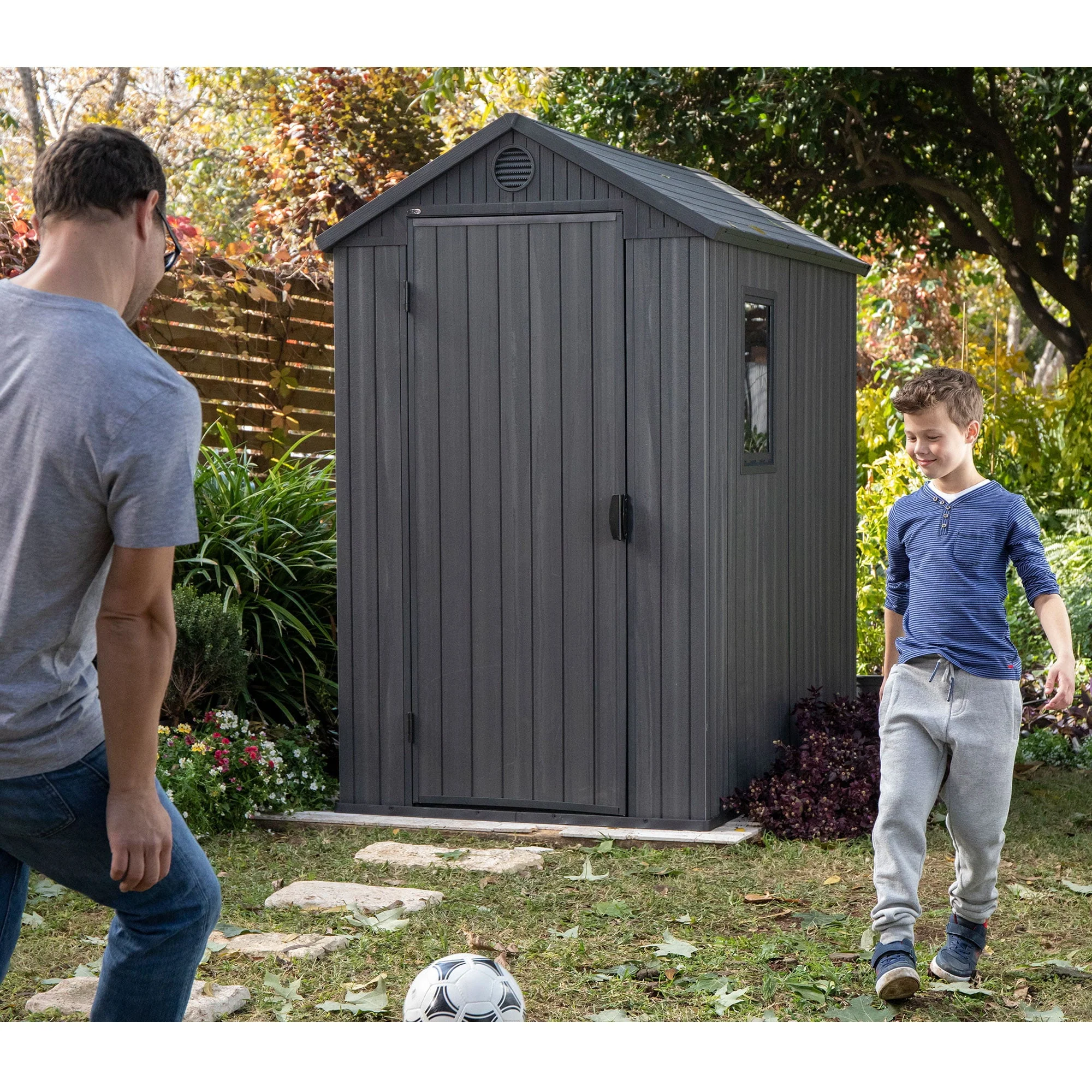 Keter Darwin 4' x 6' Outdoor Garden Tool Storage Shed w/ Window, Graphite - Image 10