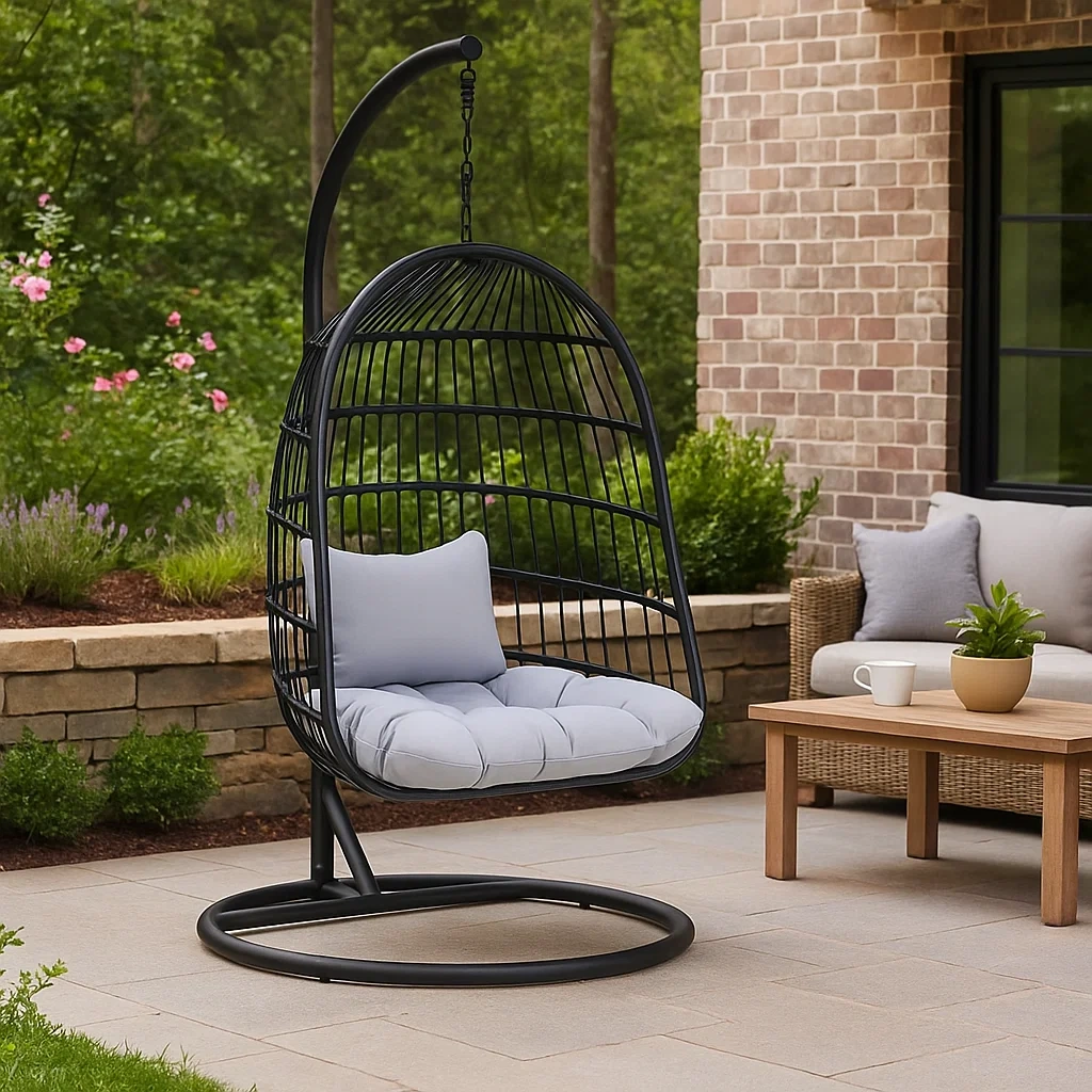 Sillón colgante de 1 plaza de resina trenzada negra con cojines grises - ysbKwim249qB