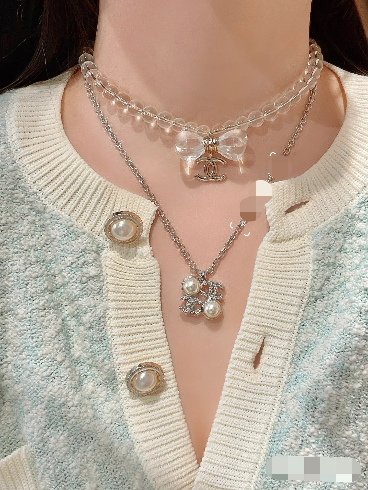 Chanel Transparent Beads Bow Knot CC Pendant Necklace - Original Replica Club