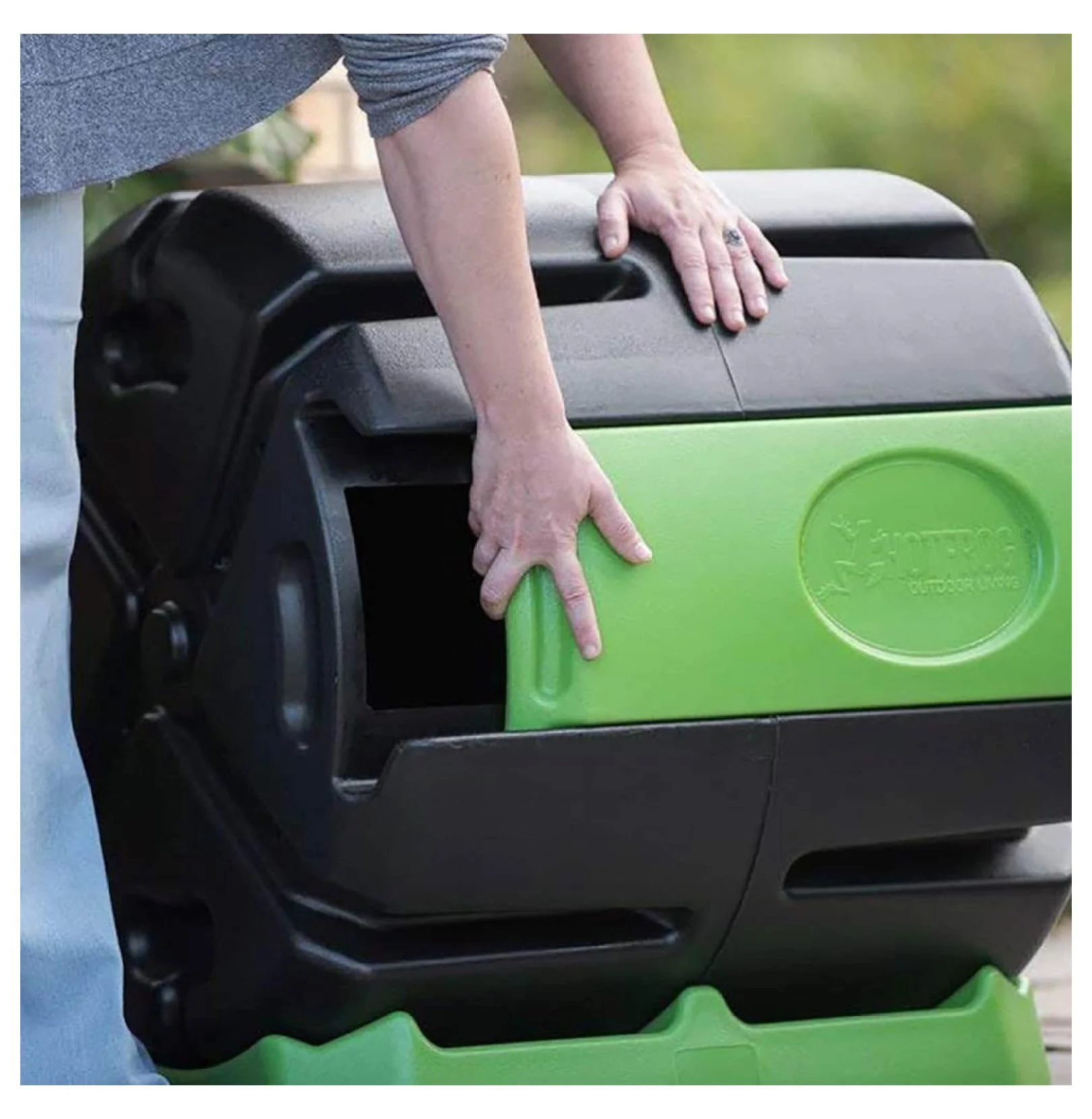 TriGol HOTFROG Rolling 37-Gallon Single Chamber Batch Tumbling Composter - Outdoor Rotating Garden Compost Bin, Black & Green - Image 8