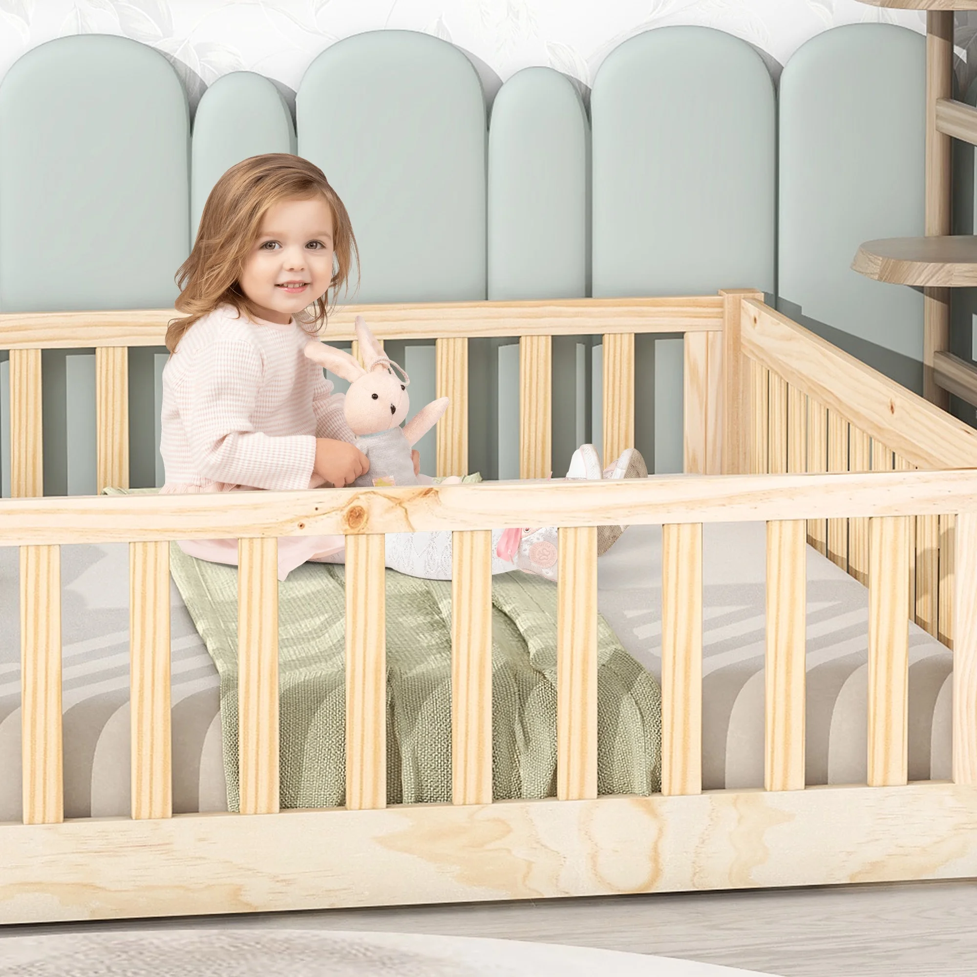 UHOMEPRO Twin Size Floor Bed with Door and Fence, Montessori Floor Bed with Slats and Safety Guardrails, Solid Wood Twin Bed Frame for Bedroom, White - Image 18