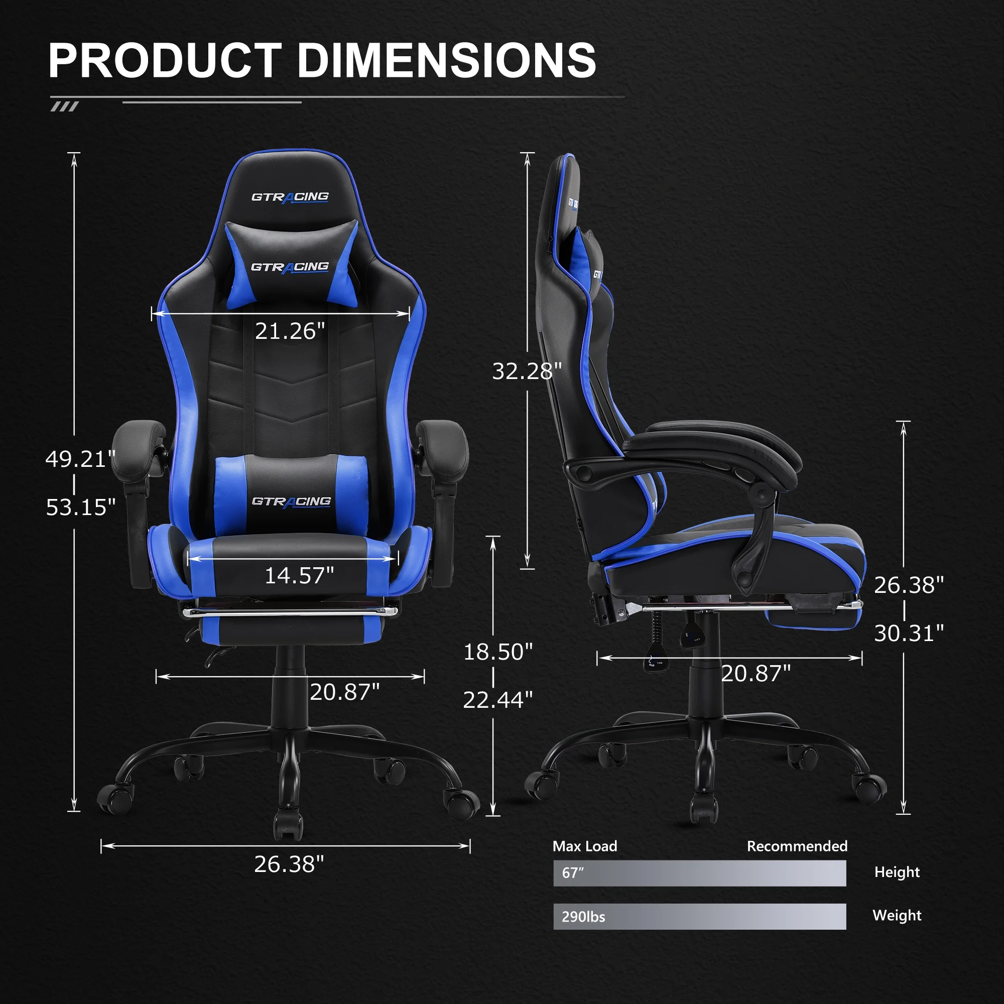 GTRACING GTWD-200 Ergonomic Gaming Chair with Adjustable Pillows and Footrest , White - Image 17