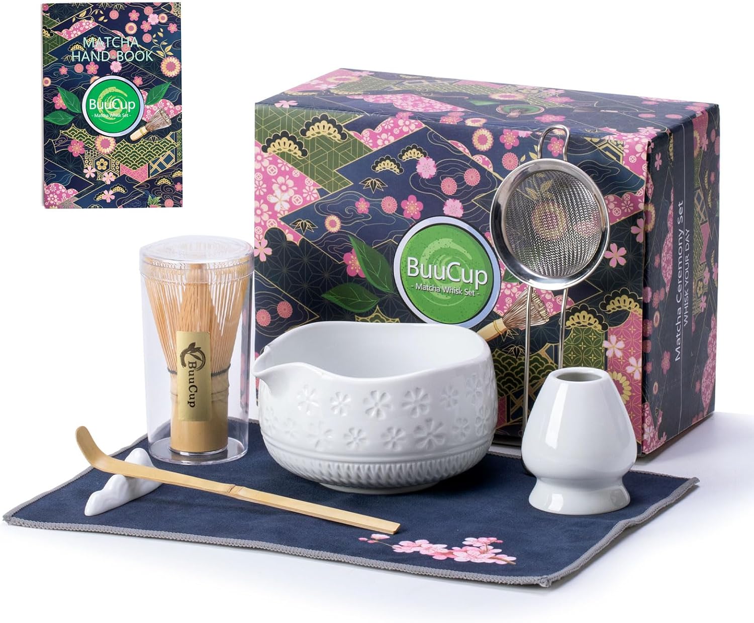 Buucup Matcha Whisk Set, Ceramic Matcha Kit Set Includes Matcha Bowl, Matcha Whisk and Holder, Bamboo Scoop, Scoop Rest, Sifter and Tea Towel - 7 Pcs Matcha Kit for Matcha Lovers (Mottled Green)