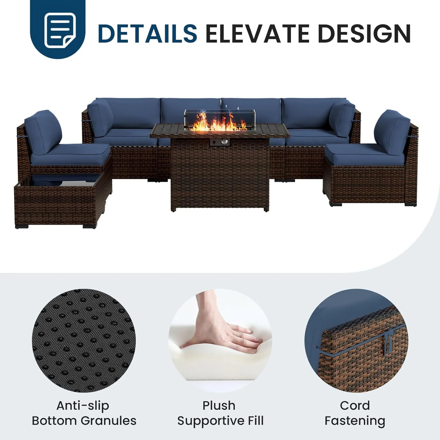 MRUAKA 8 Pieces Patio Furniture Set with Fire Pit Table, Outdoor Furniture Sectional Rattan Sofa with Slanted Back, Patio Couch with Glass Coffee Table for Backyard Garden (Dark Grey) - Image 28