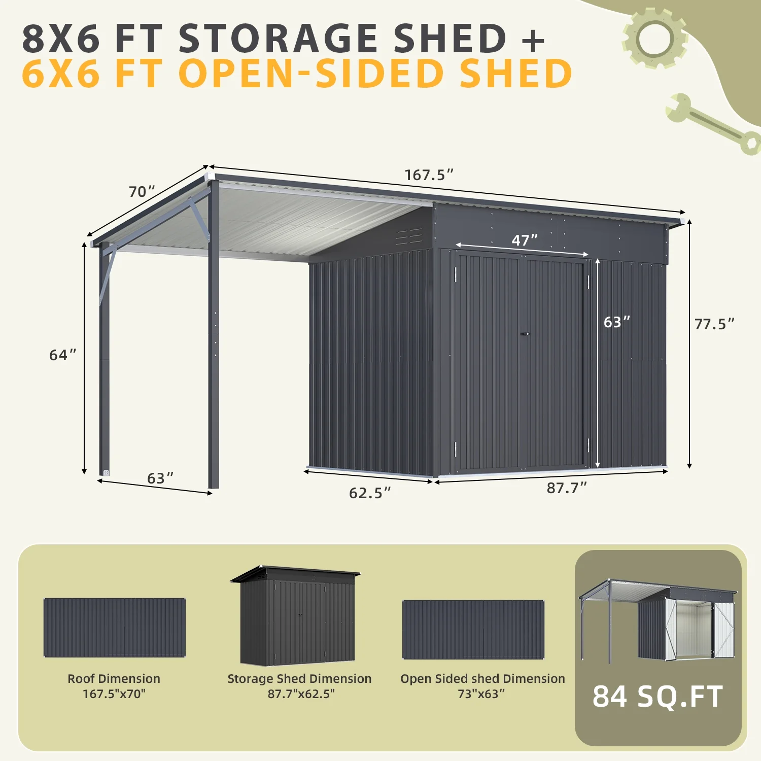 YODOLLA Outdoor Open-Sided Storage Shed, 3x5 Sheds & Outdoor Storage with 15 Sq. Ft Covered, 5x3 Small 2-in-1 Tool Shed with Attached Hardtop Metal Pergola Gazebo - Image 16