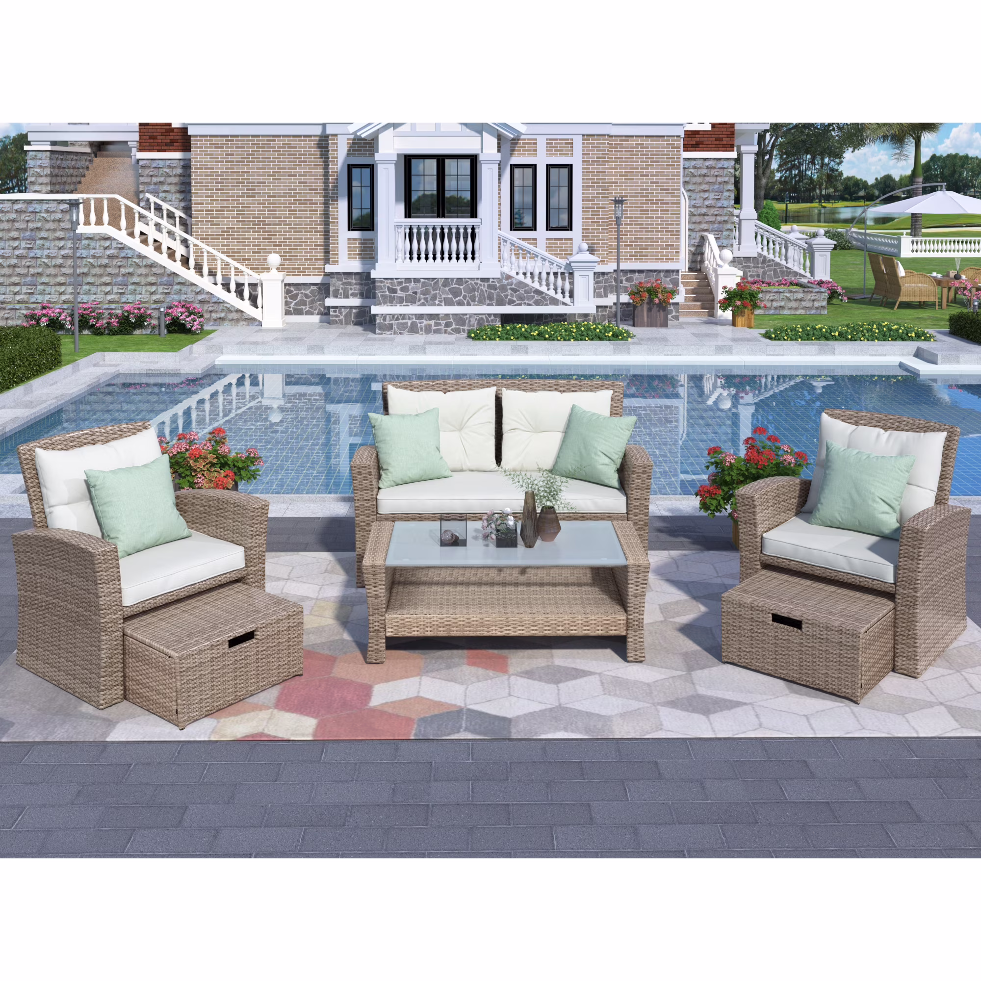 Harper & Bright Designs 4 Pieces Patio Wicker Chair with Ottoman and Coffee Table, Outdoor Rattan Loveseat Sectional Sofa Furniture Set for Garden, Beige Cushions - Image 2