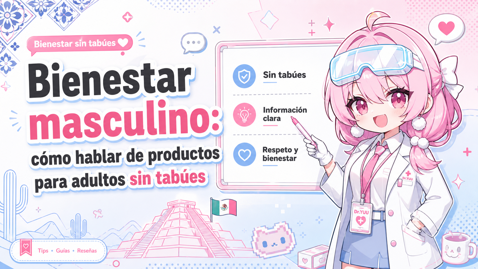 Banner educativo Dr.YUU sobre bienestar masculino y productos para adultos sin tabúes.